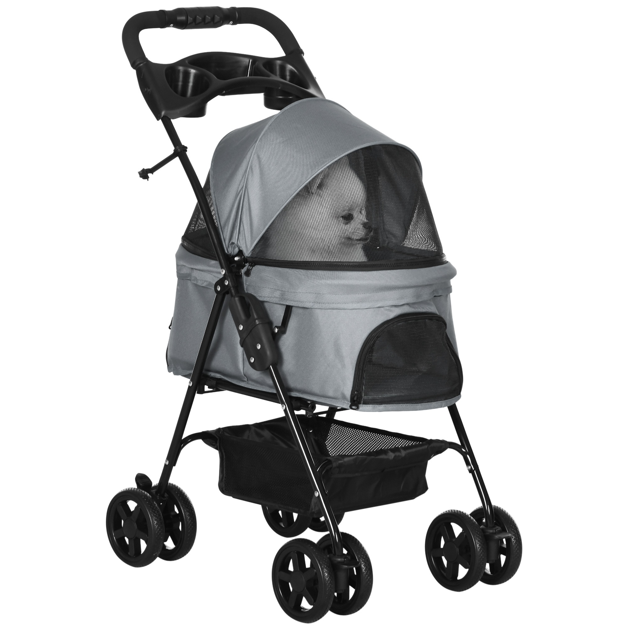Hundebuggy Hundewagen bis 4 kg Klappbar Netzfenster Bodenkorb Becherhalter abnehmbares Dach grau 67 x 45 x 96 cm