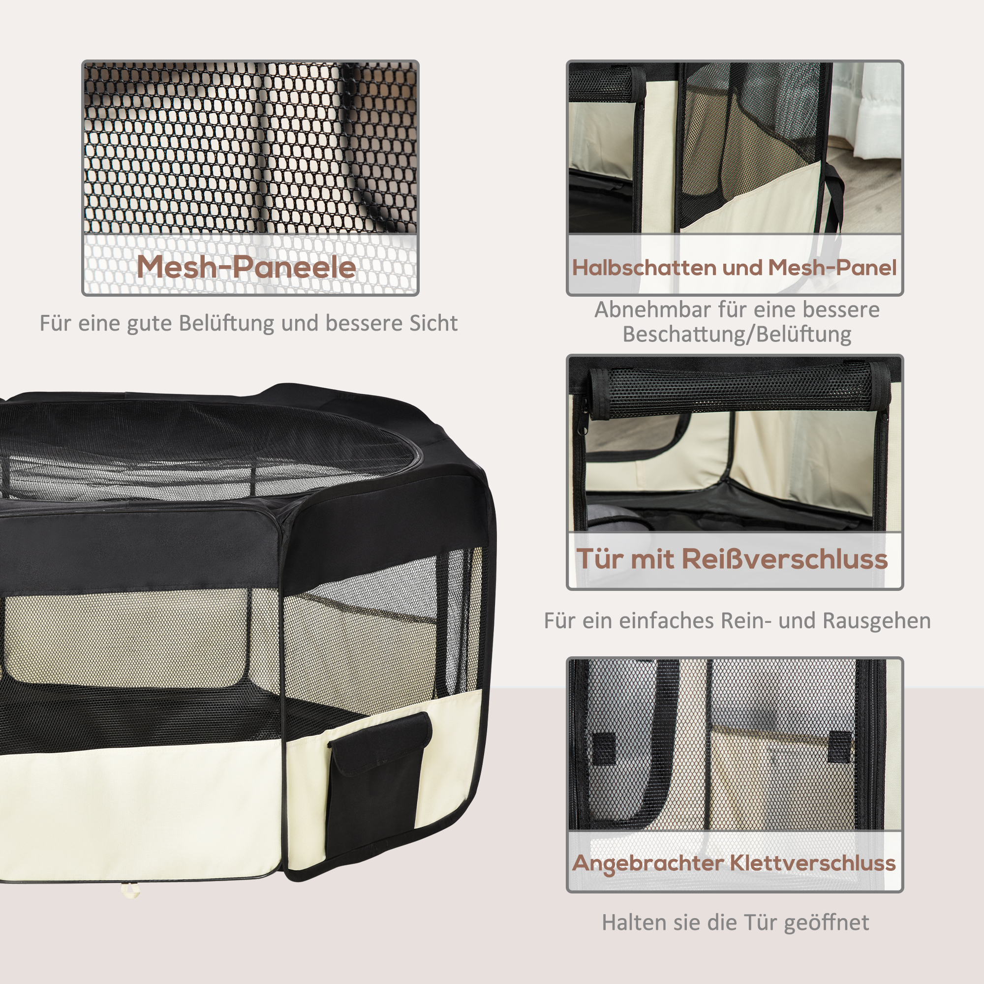 Welpenauslauf, Faltbar Welpenlaufstall mit Netzabdeckung, Laufstall für Hunde, Katzen, Kleintiere, Hundelaufstall aus atmungsaktives Netz, für Wohnung, Ø120 x 58H cm  Schwarz+Cremeweiß