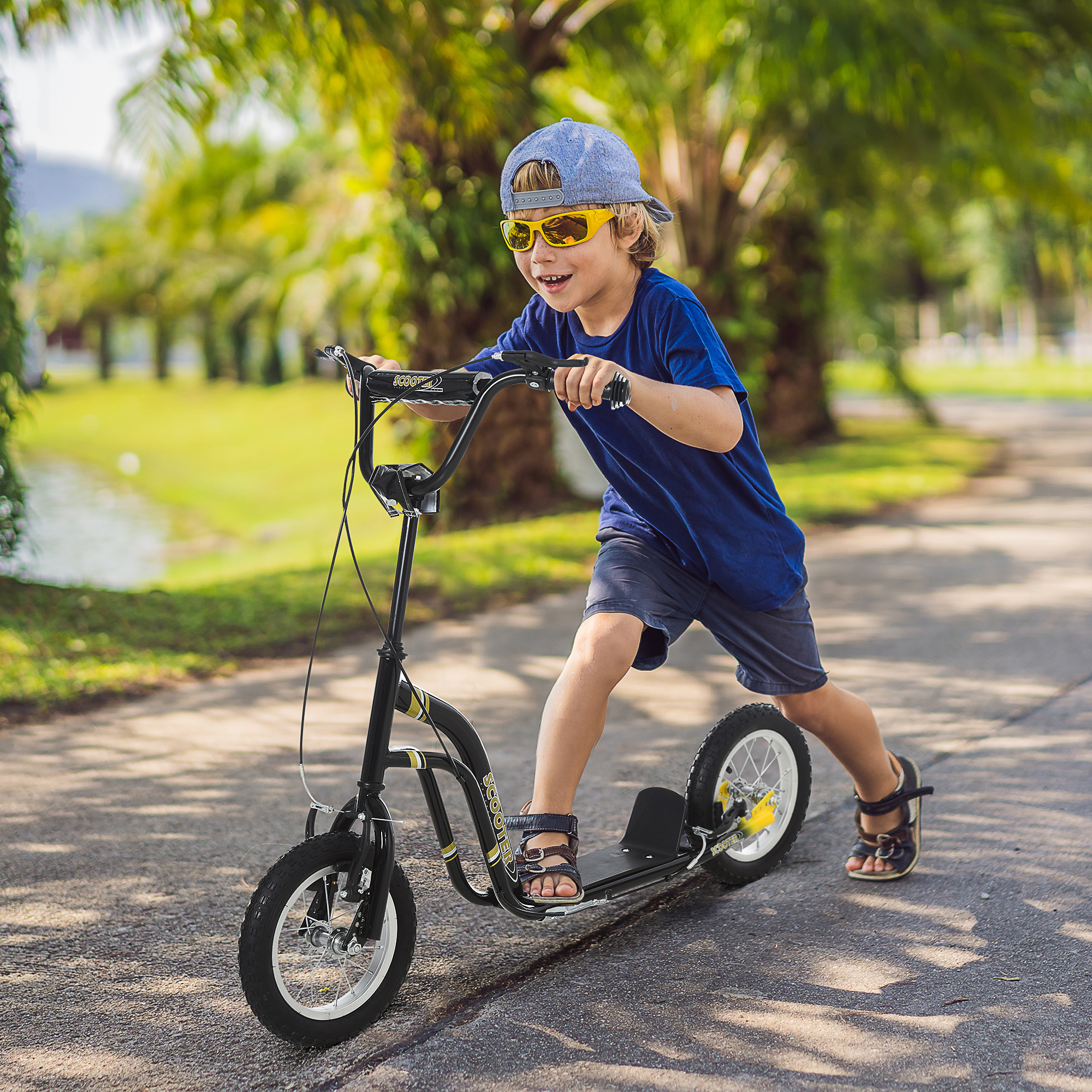 Kinderroller ab 5 Jahre Scooter Kinderscooter Tretroller Cityroller Kinder Roller Kickboard mit Luftreifen 12 Zoll Gummi Aluminium Schwarz 120 x 58 x 85-95 cm