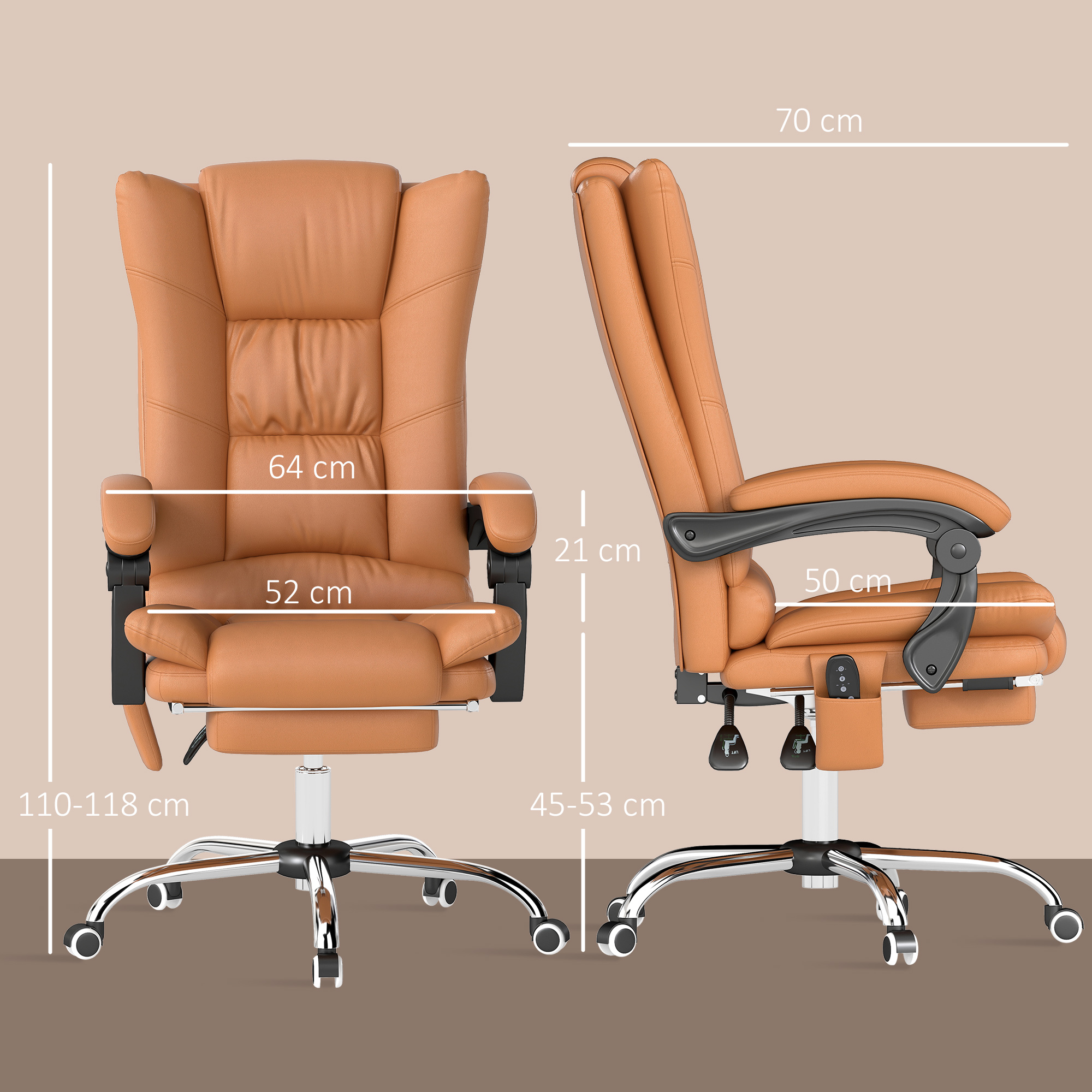 Massage-Bürostuhl, Schreibtischstuhl mit Heizfunktion, Drehstuhl, Liegefunktion, höhenverstellbarer PC-Stuhl, Hellbraun