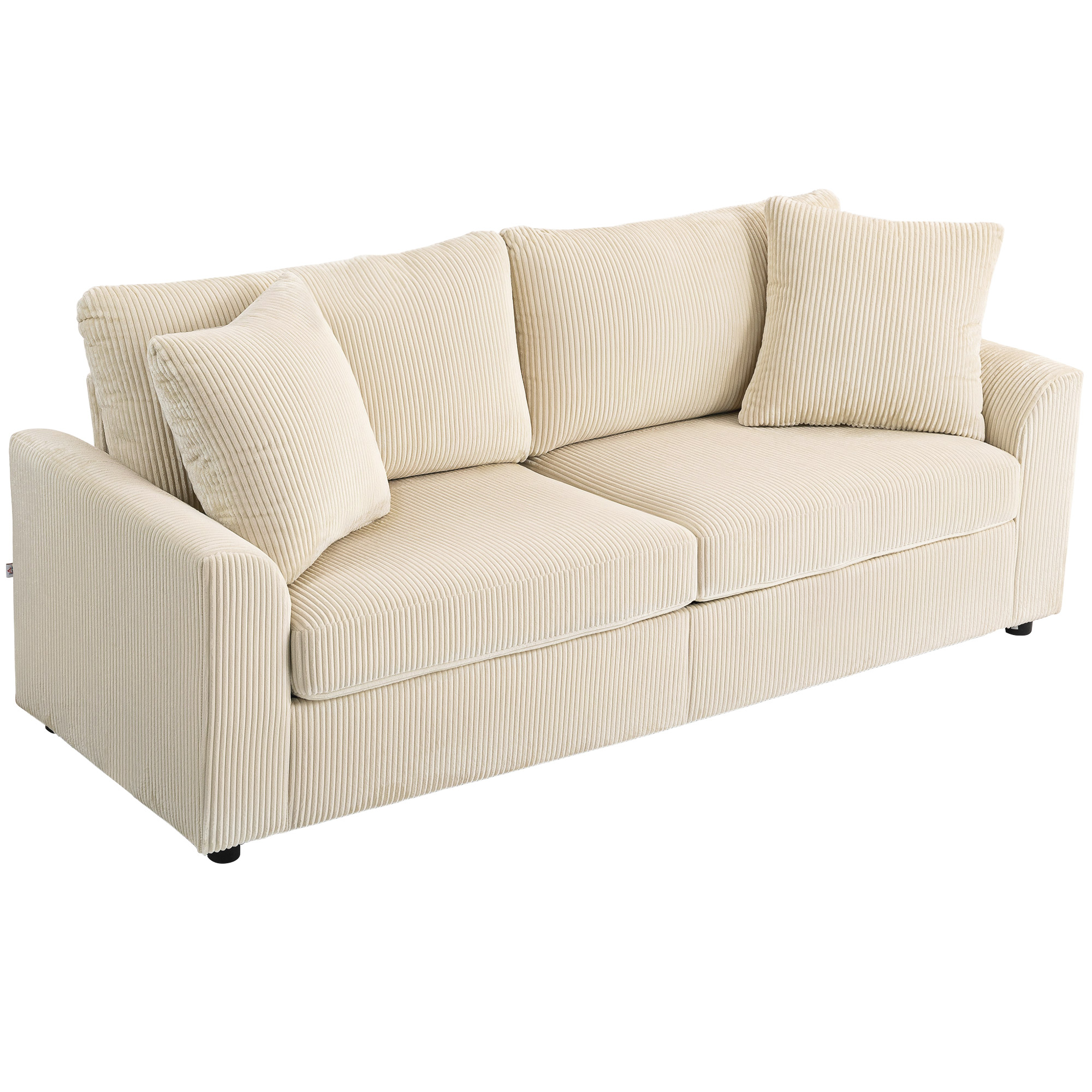 3-Sitzer-Sofa mit Zierkissen, Cordsofa für Wohnzimmer, Schlafzimmer, 212 cm breit, Cremeweiß