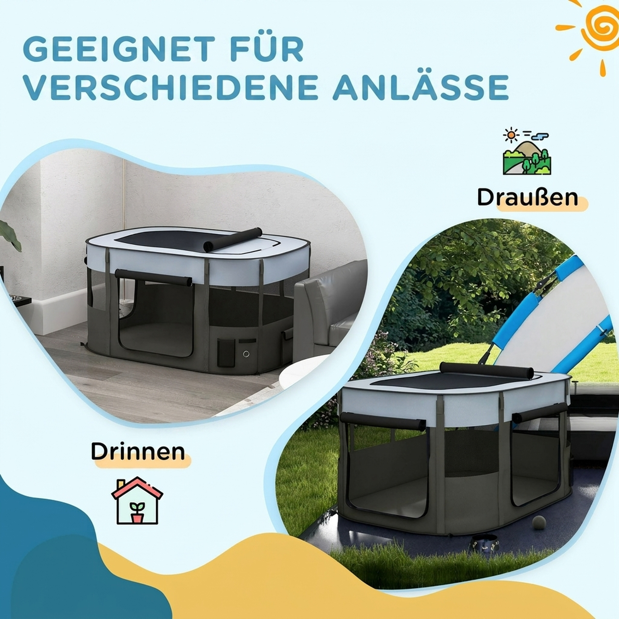 Spielgehege für Haustiere, faltbar, mit Aufbewahrungstasche, für Welpen und Kätzchen, drinnen und draußen, Grau