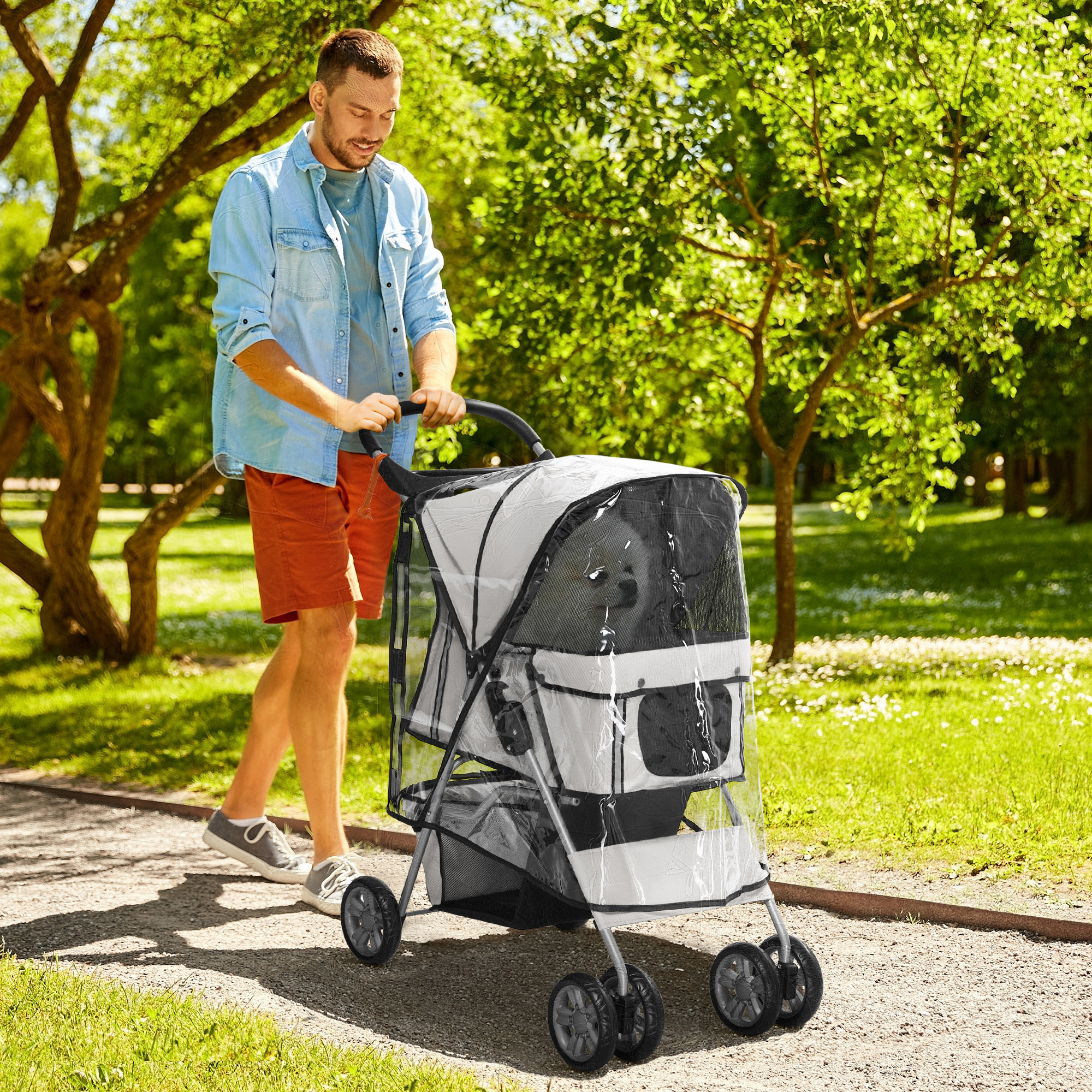 Hundebuggy Hundewagen bis 10 kg Klappbar Regenschutz Bodenkorb 2 Becherhalter 75 cm x 45 cm x 97 cm Grau