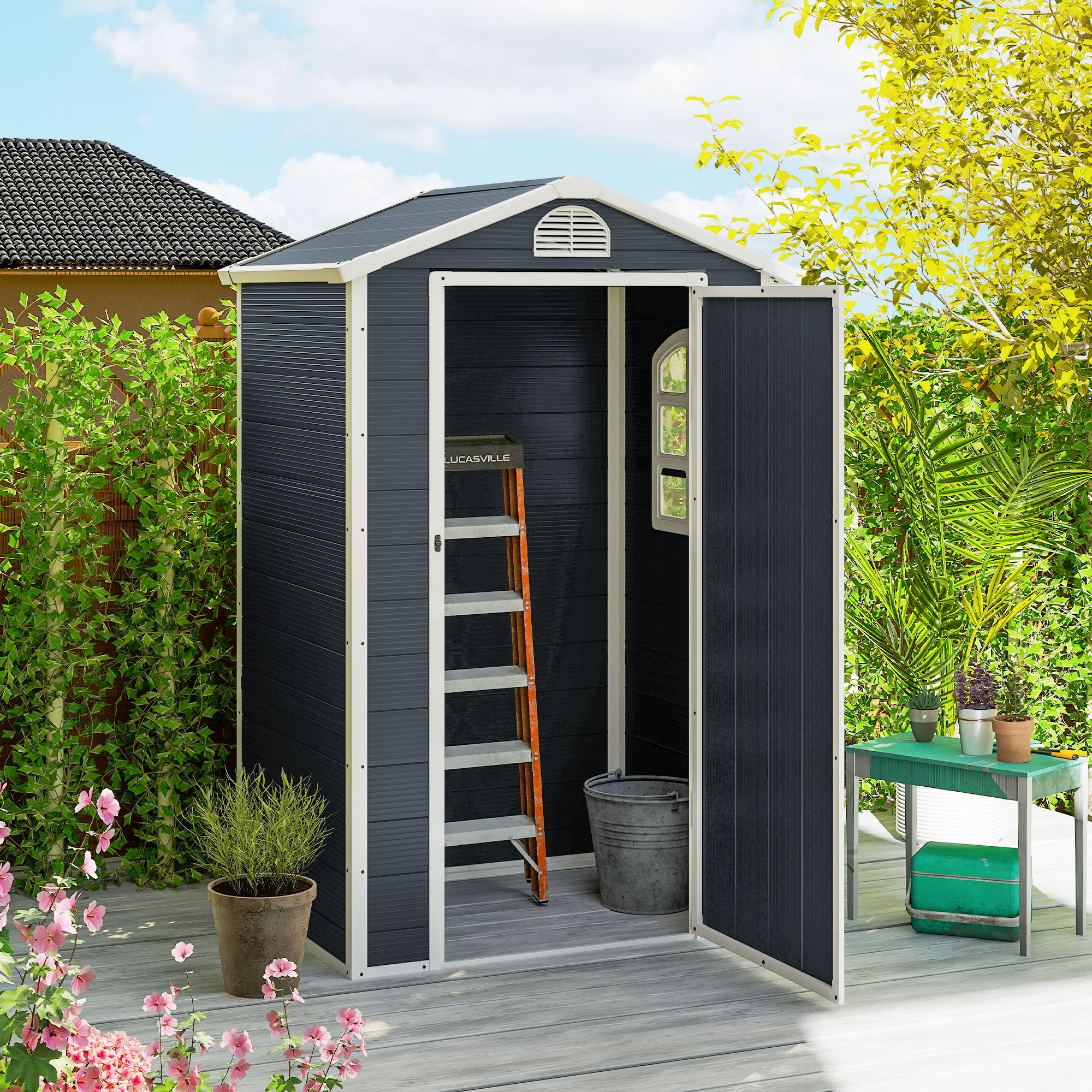 Gerätehaus 1,1m², Geräteschuppen mit Satteldach, 134 x 104 x 204 cm, Kunststoff Gartenchuppen mit Abschließbar Tür Belüftungsöffnung Fenster, Gartenhaus für Garten Dunkelgrau