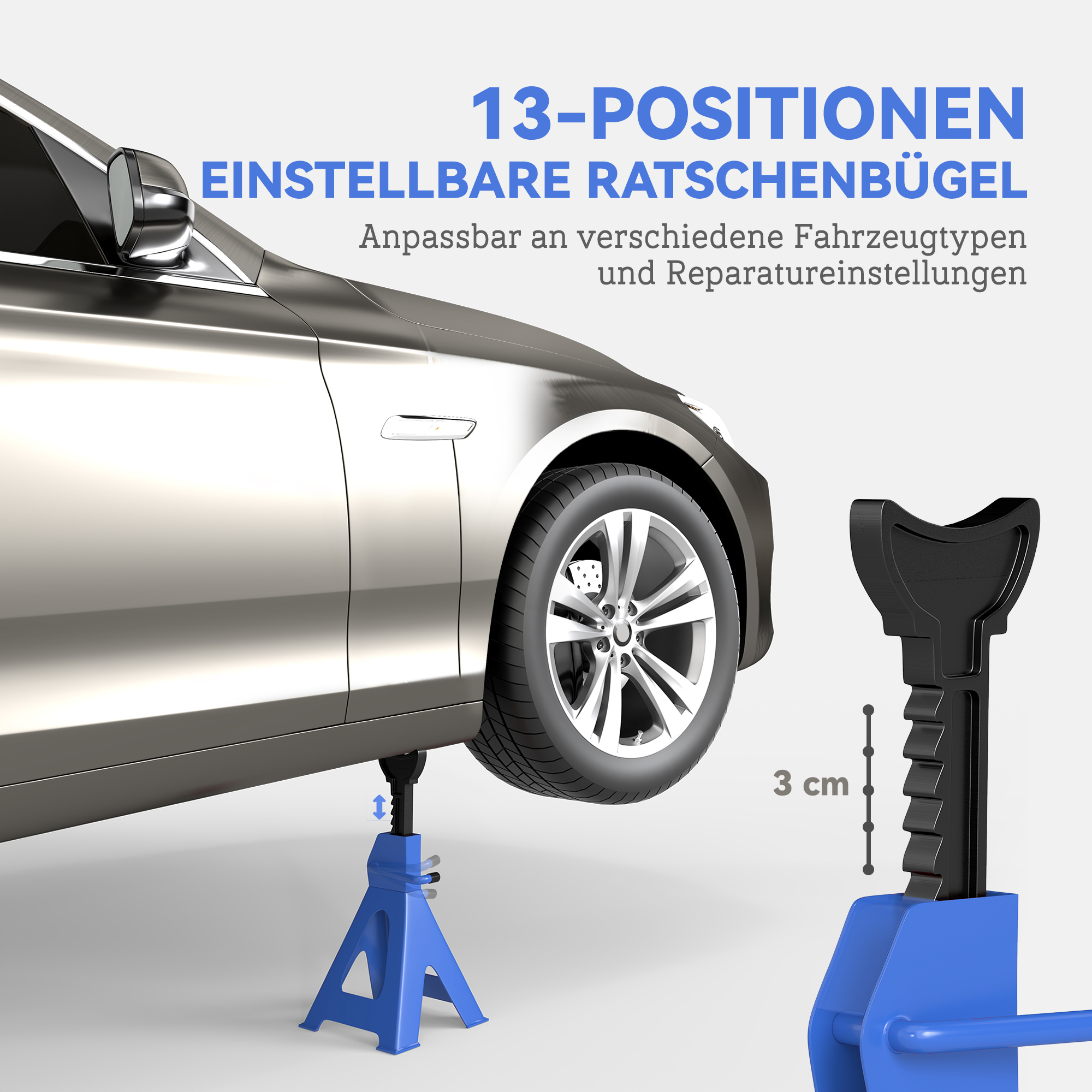 Unterstellbock 3 Tonnen Traglast 2 Stück Stützbock inkl Sicherungssplint 13 stufig Höhenverstellbar 385 mm bis 600 mm