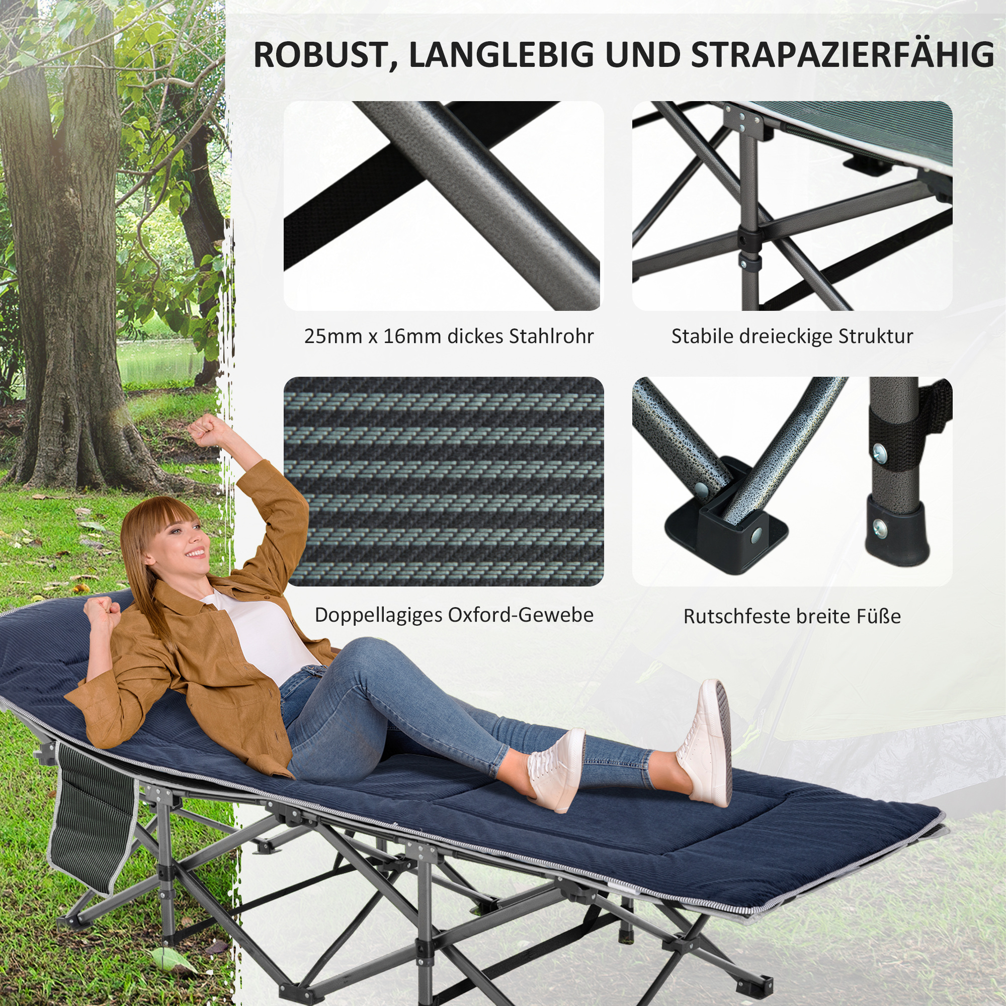 Campingbett, klappbares Feldbett mit Kopfkissen, 188 x 64,5 x 53 cm, Dunkelblau+Grau