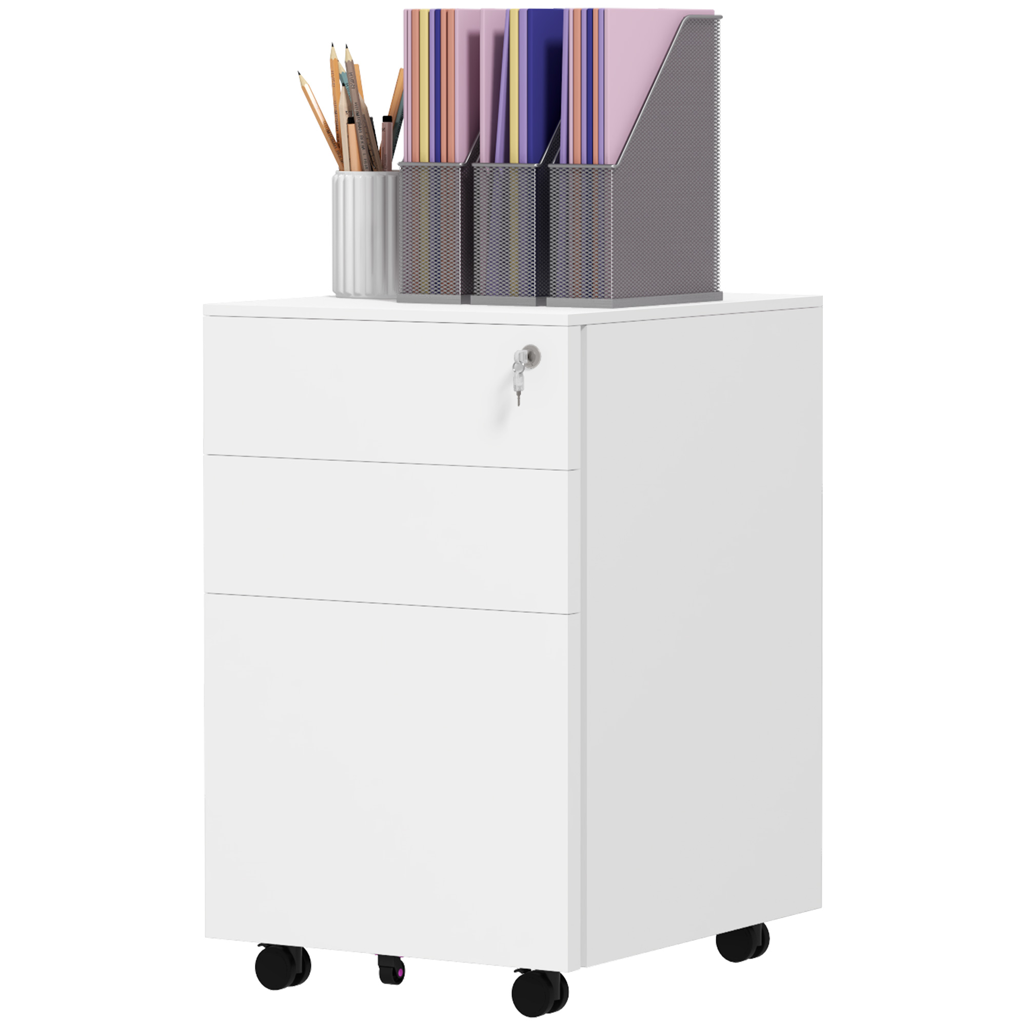 Rollcontainer Aktenschrank, 3 Schubladen, abschließbar, rollbar, 37 cm x 43,5 cm x 60 cm, Weiß