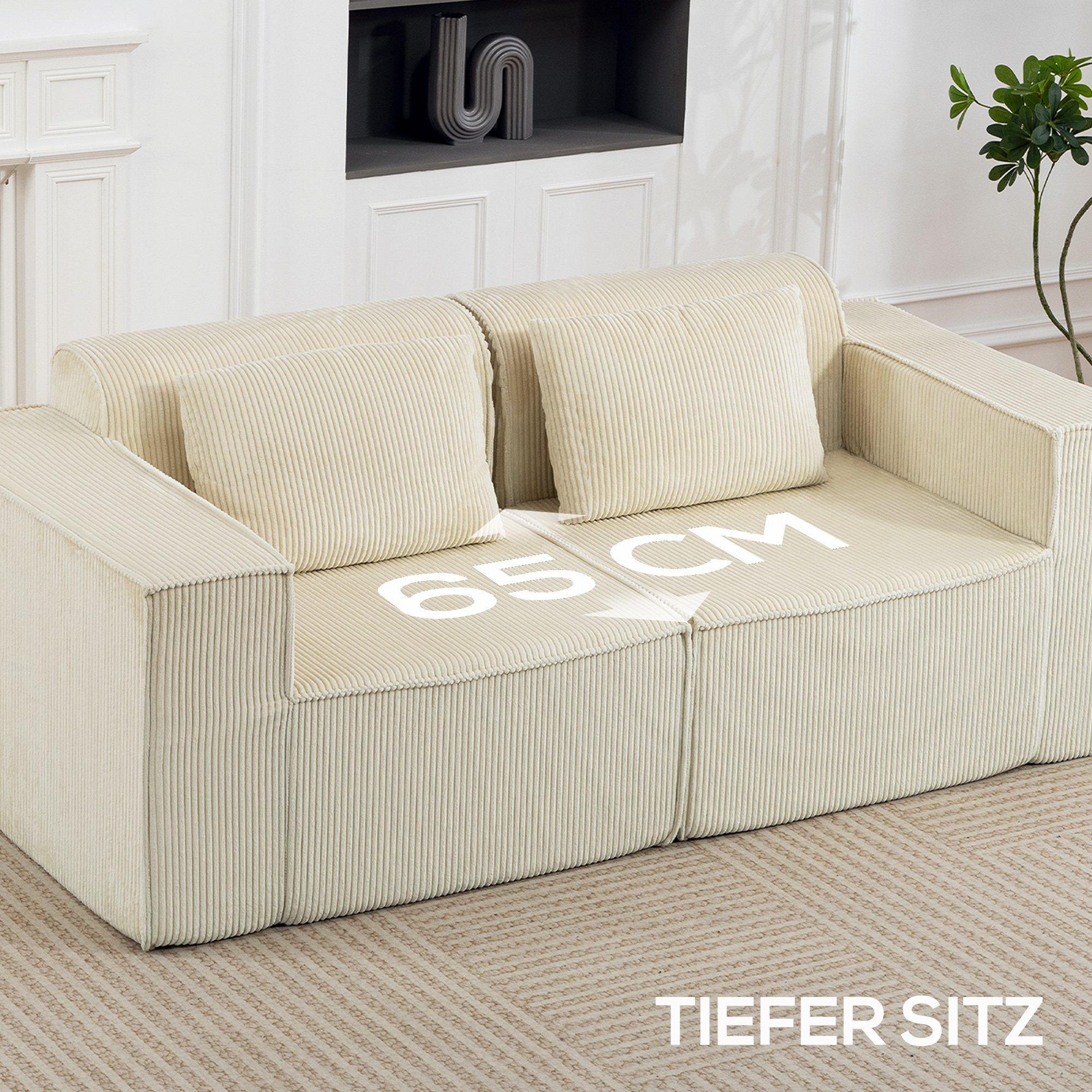 3-Sitzer-Sofa, weiche Schaumstoffstruktur, breite Armlehnen, 2 Kissen, Cordbezug, Beige