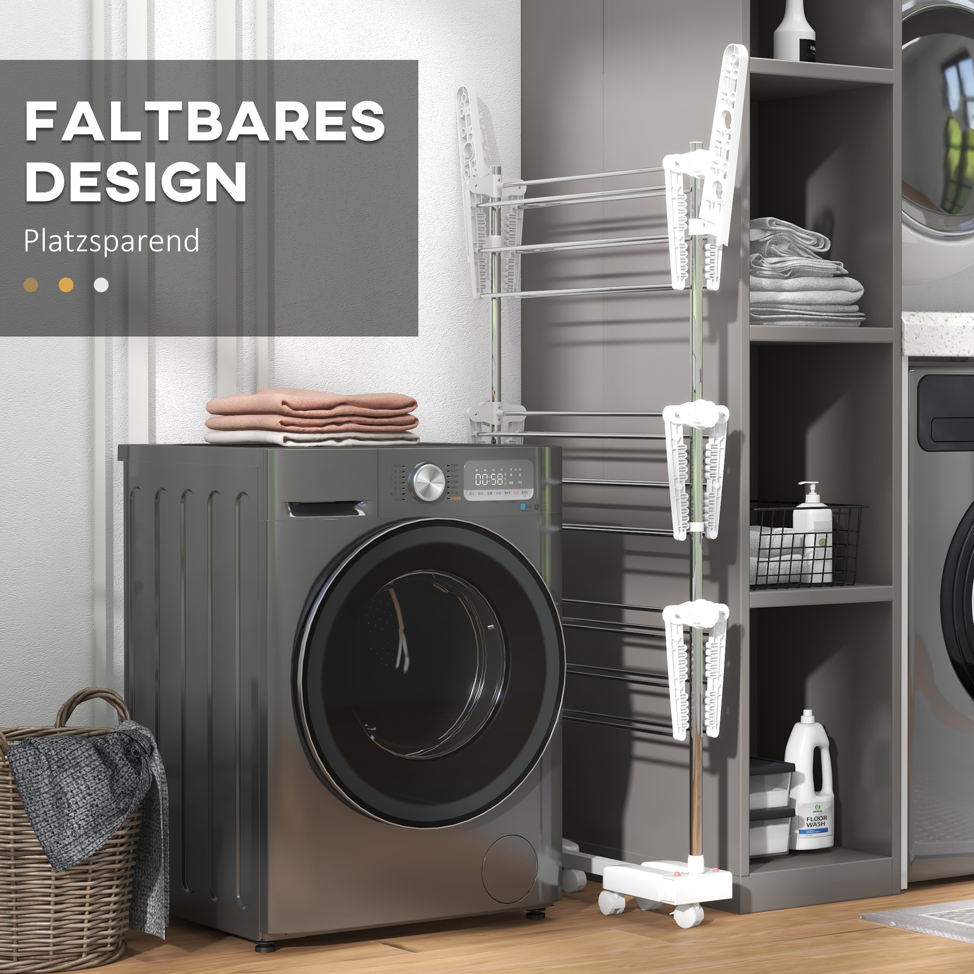 mobiler Wäscheständer, Wäschetrockner, 3 Ebenen, klappbar, Silber + Weiß