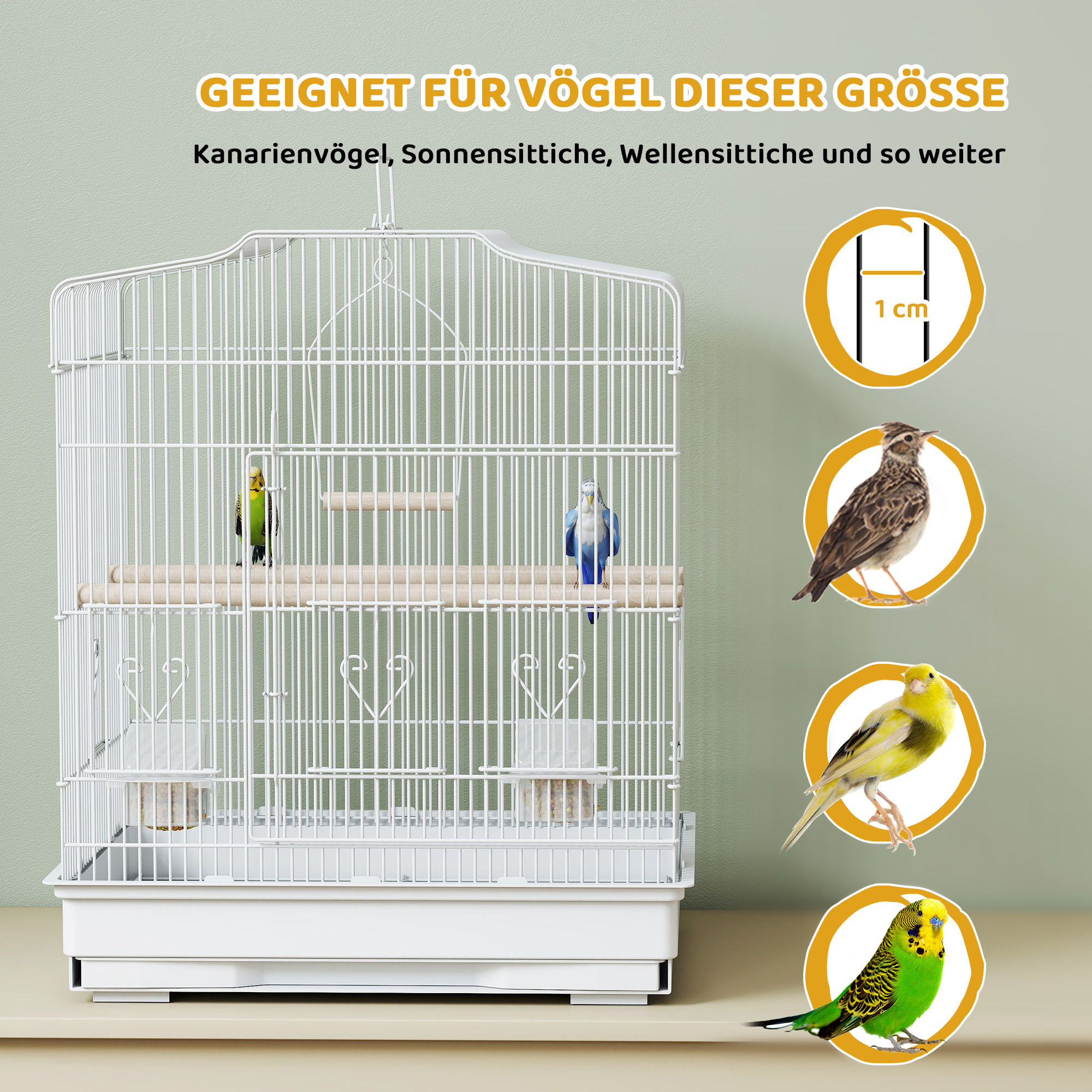 Vogelkäfig im Vintage-Design für kleine Vogelarten inkl. Zubehör 46,5 x 36 x 59 cm Stahl, Holz, Weiß+Natur