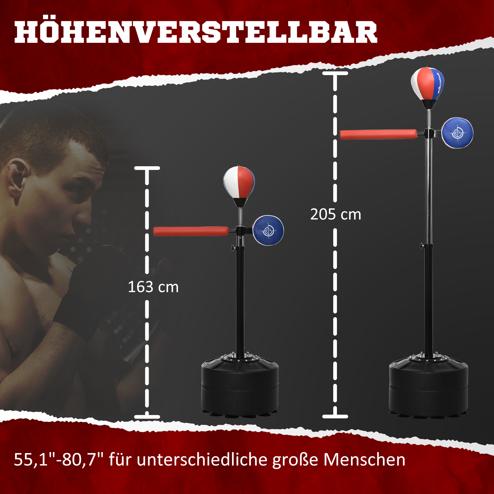 Boxständer, höhenverstellbar, Reflexstange, Pratze, Speedball, befüllbarer Standfuß, 80,5 x 48 x 163-205 cm