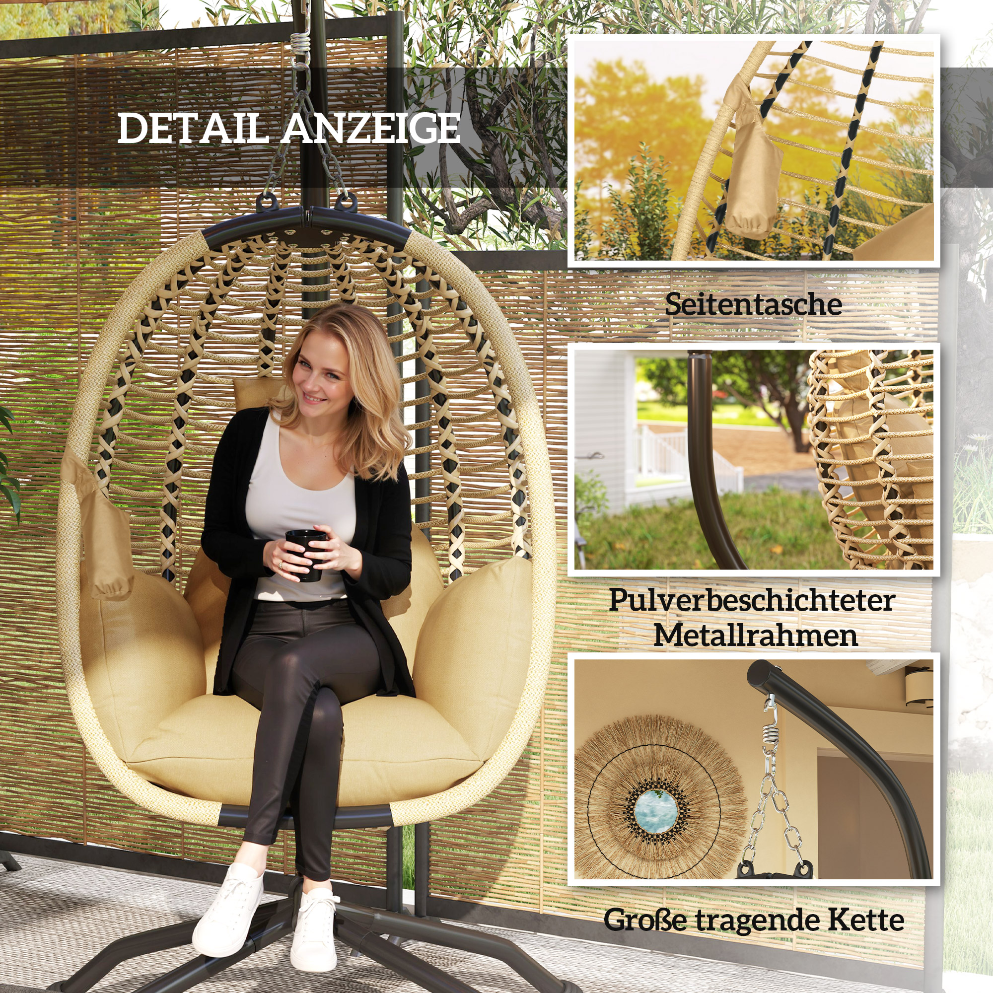 Hängesessel mit Gestell, Faltbar Eiförmiger Hängeschaukel mit waschbarem Sitz Becherhalter Sicherheitsseil Beige