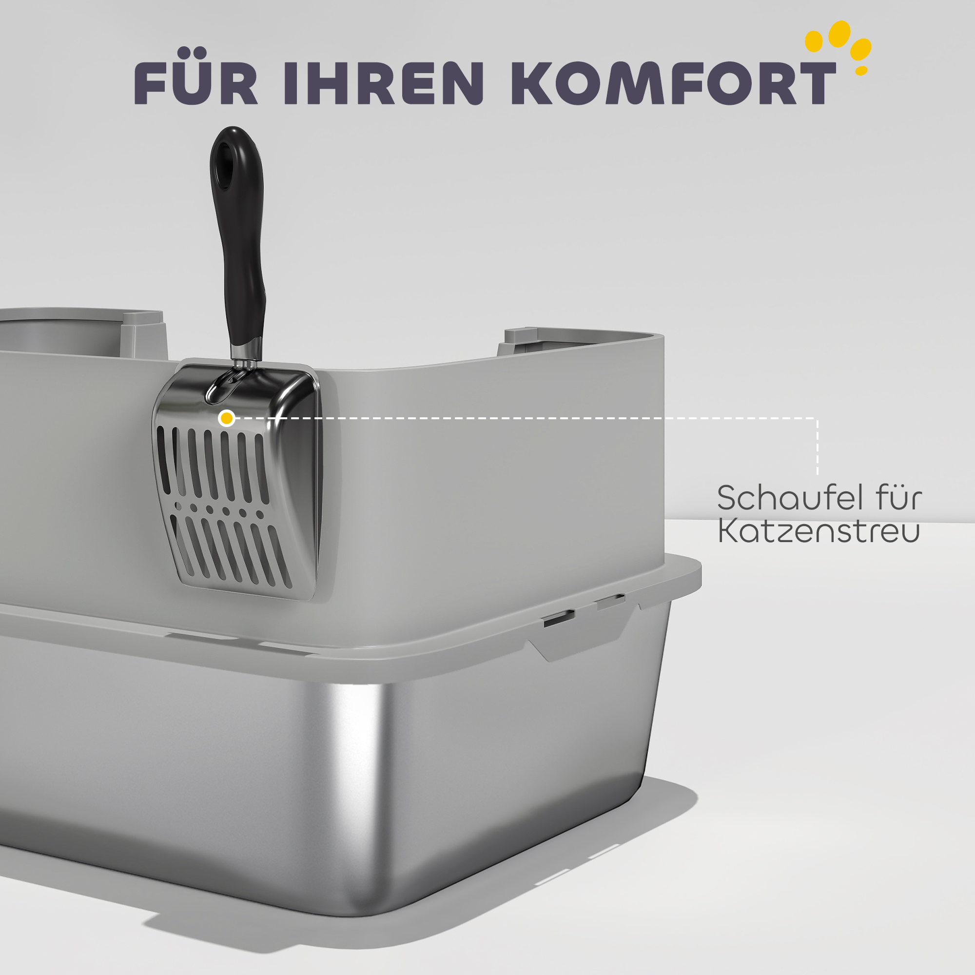 Katzentoilette Edelstahl Offene Katzenklo mit Schaufel hohem Rand Matte für Katzen bis 7 kg 60,2 x 40,2 x 29,5 cm, Grau