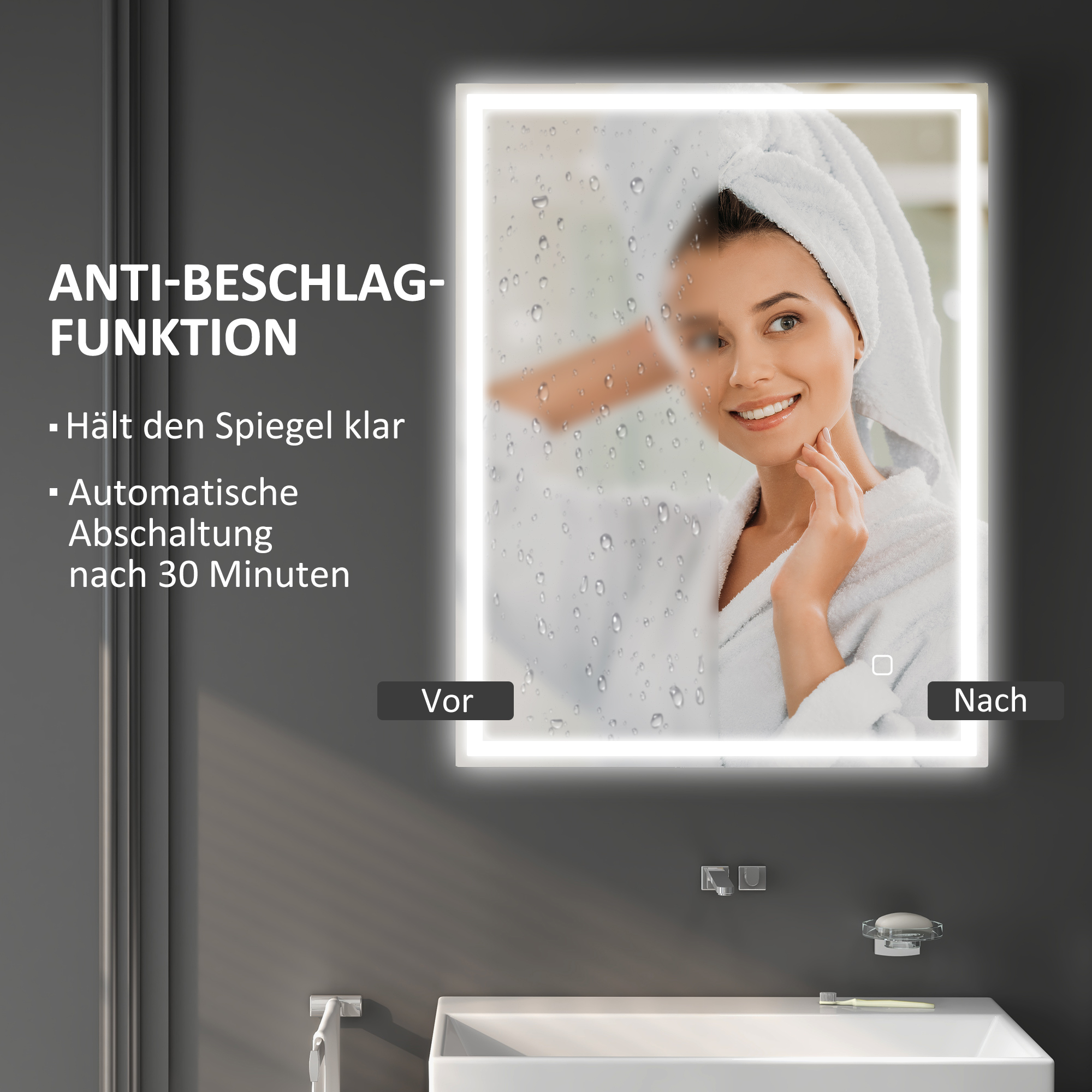 Badspiegel mit Beleuchtung 90x70 cm LED Spiegel Wandspiegel mit Memory-Funktion 3 Lichtfarben Silber