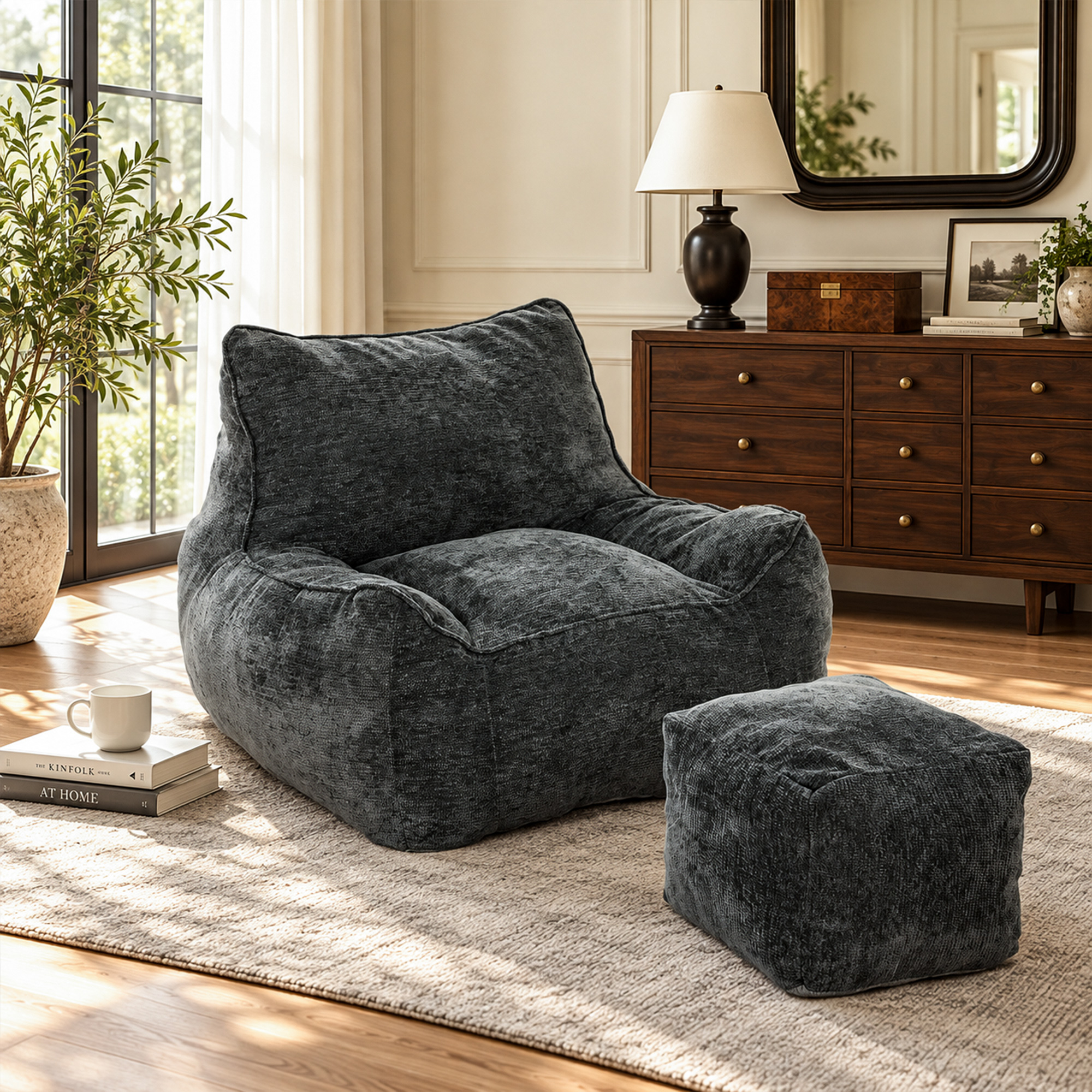 Bodensessel mit Ottoman, rahmenloser Cloud-Sessel aus Chenille, mit Rückenlehne und Armlehnen