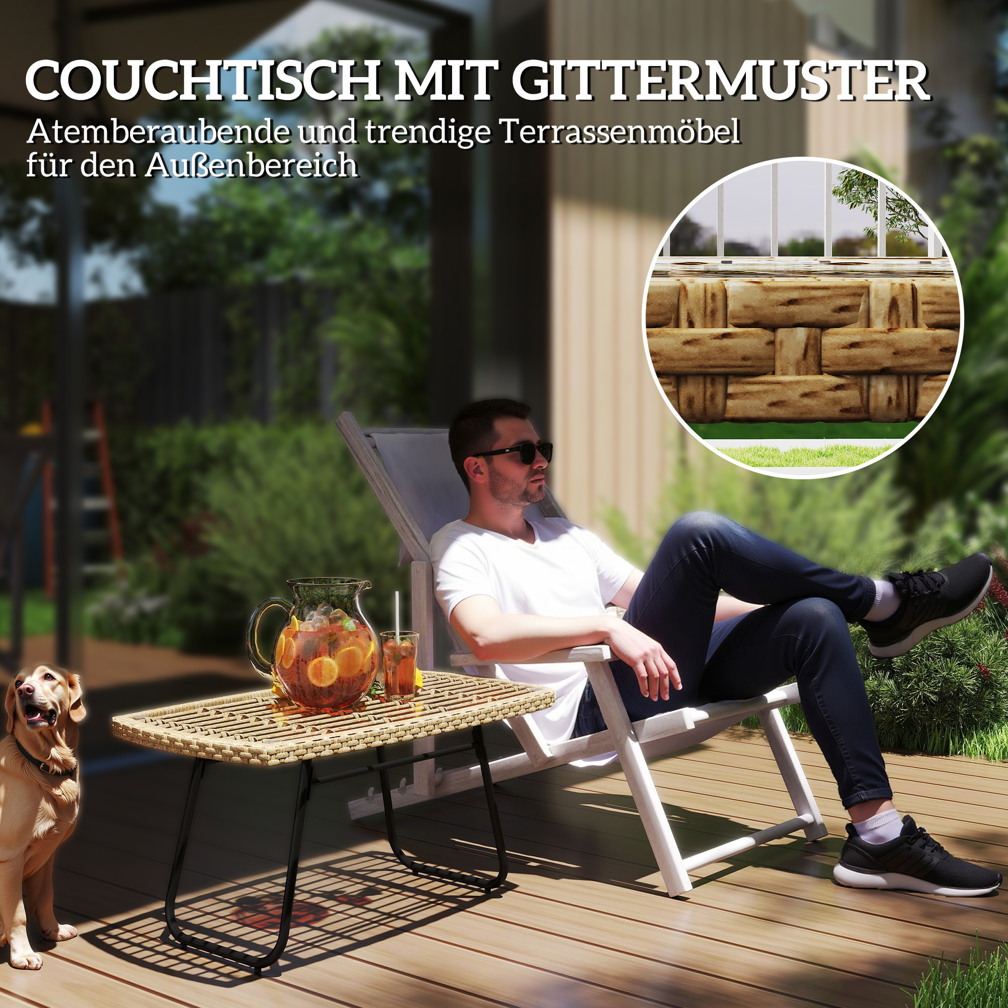 Polyrattan Gartentisch, 90 x 50 x 45 cm, UV-beständig Beistelltisch mit Glasplatte Naturholz