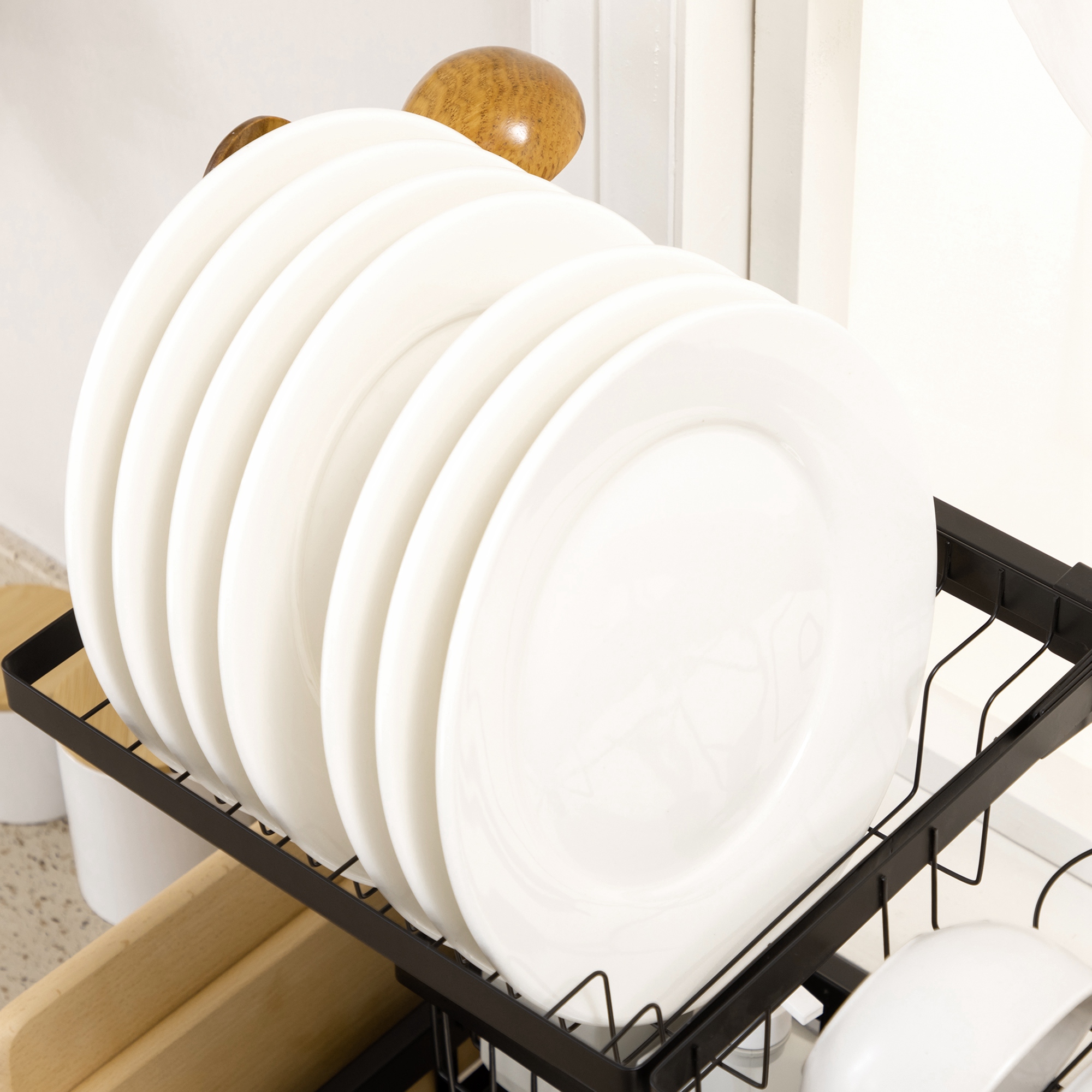 Abtropfgestell Geschirr, 2-stufiges Abtropfständer mit Haken, Tellerregal, Zubehör, 100 cm Stahl, Schwarz