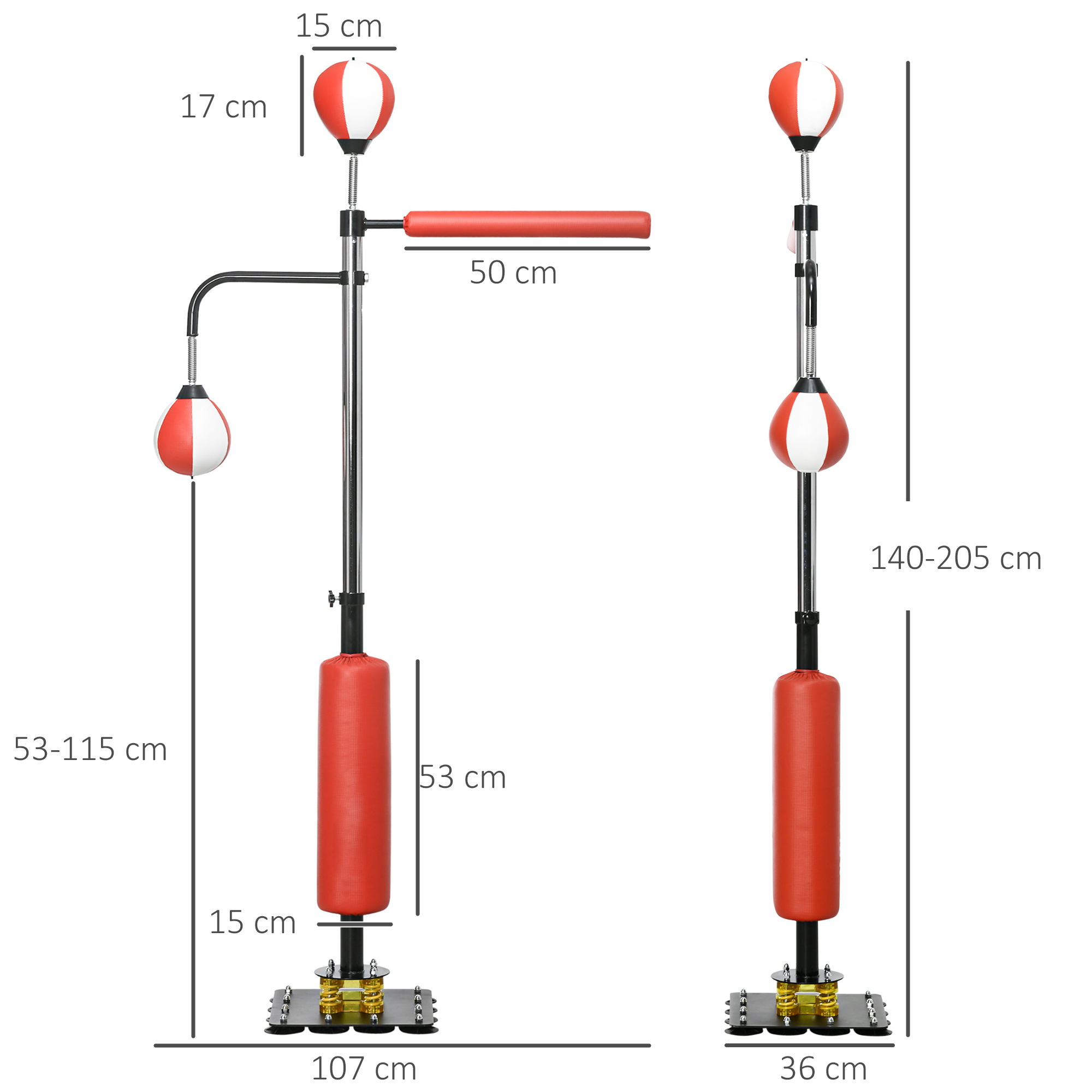 Boxstand, zwei Speedballs, drehbare Boxstange, Kickpolster, höhenverstellbar, Stahl, 107 x 36 x 140-205cm