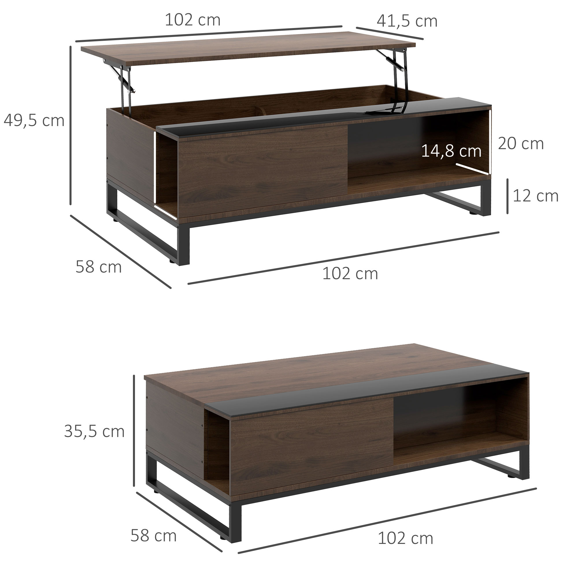 Beistelltisch mit Hebefunktion, verstecktes Staufach, Walsnussholzoptik, Stahlrahmen, 102 x 58 x 35,5 cm