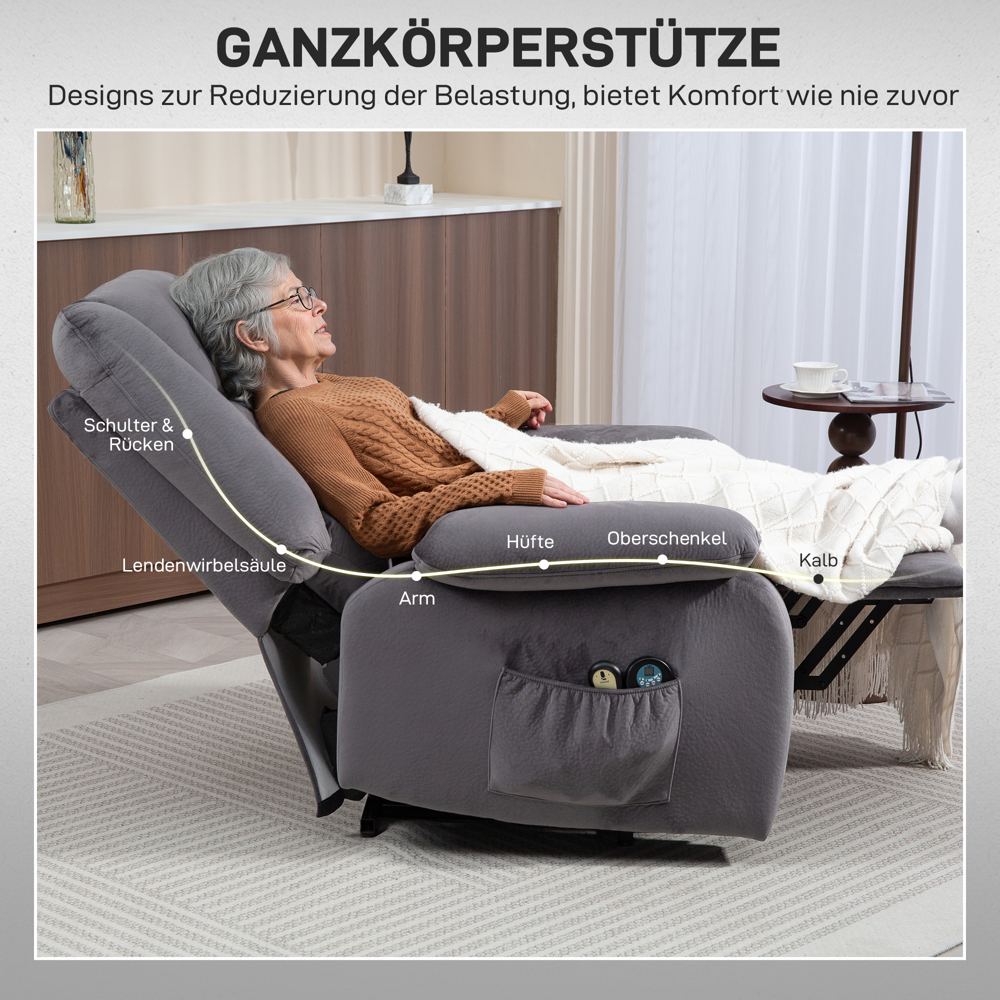 Fernsehsessel mit Aufstehhilfe, Wärme- und Massagefunktion, Fernbedienung und Seitentasche, Dunkelgrau
