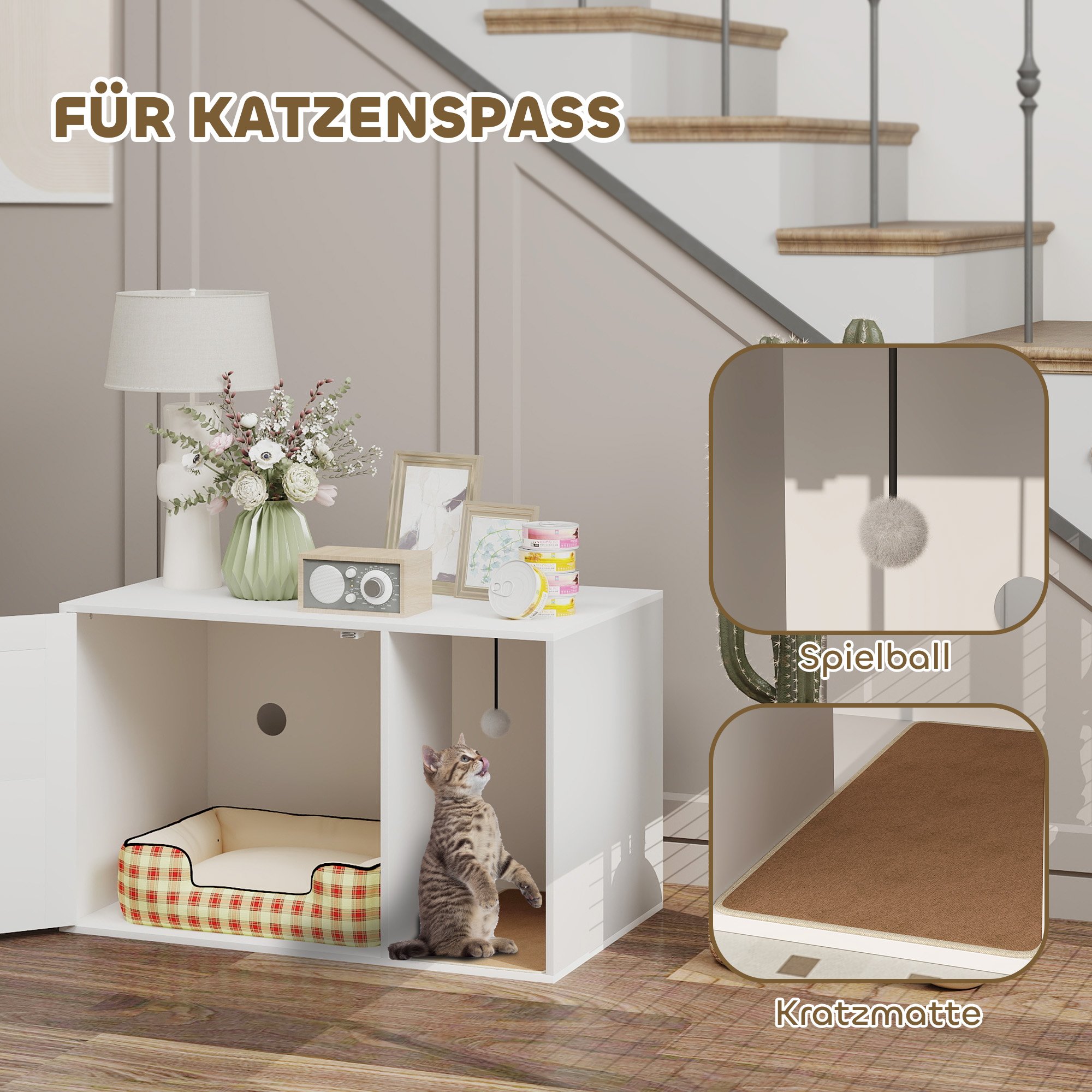 Katzenklo-Gehäuse, stilvoll, mit Kratzmatte, Rattantür, 80 x 50 x 50 cm, Weiß