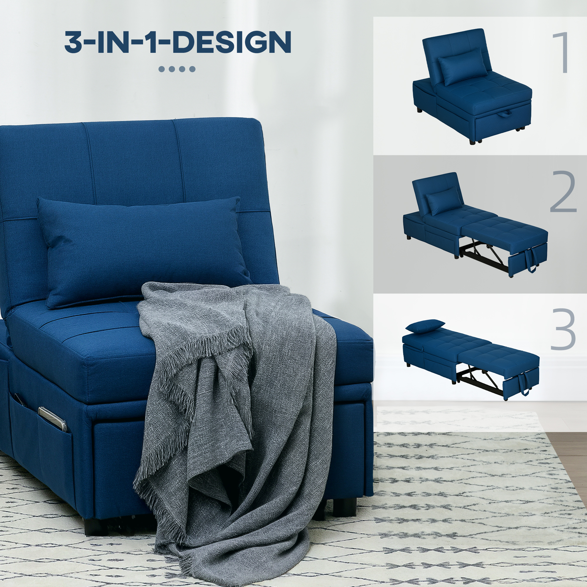3-in-1 Klappsessel mit Seitentasche, Gästebett mit Kissen, Verstellbarer Rückenlehne, Bettsessel mit Rollen, Blau