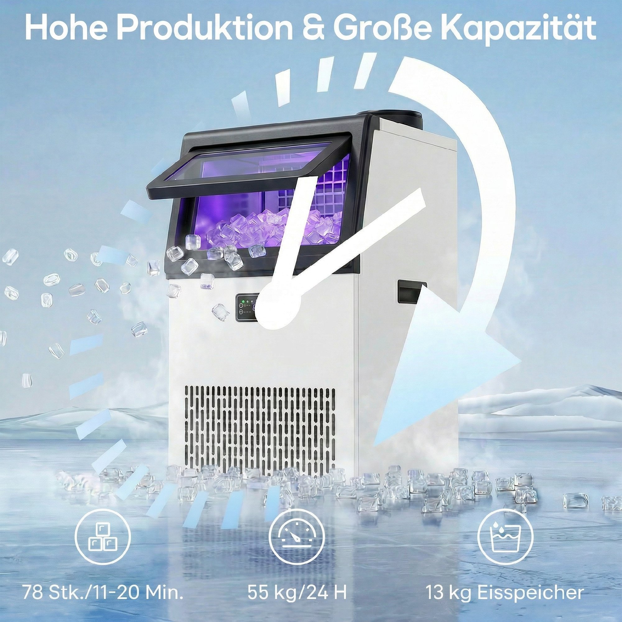 Eiswürfelmaschine, 55 kg/24h Edelstahl Unterbau- oder freistehende Eiswürfelmaschine mit 13 kg Speicher