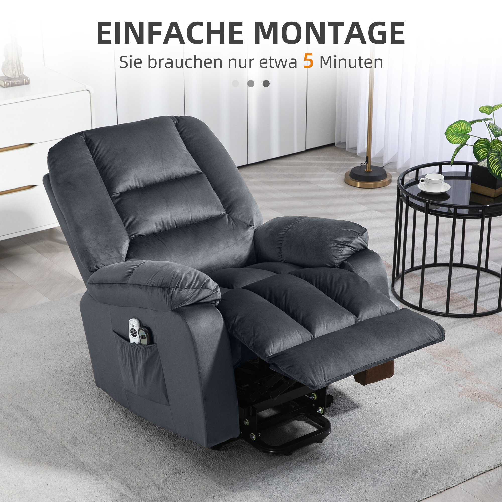Massagesessel Aufstehhilfe Seniorensessel Relaxsessel, 8 Massagepunkte, 2 Seitentaschen, 85 cm x 94 cm x 107cm, Grau