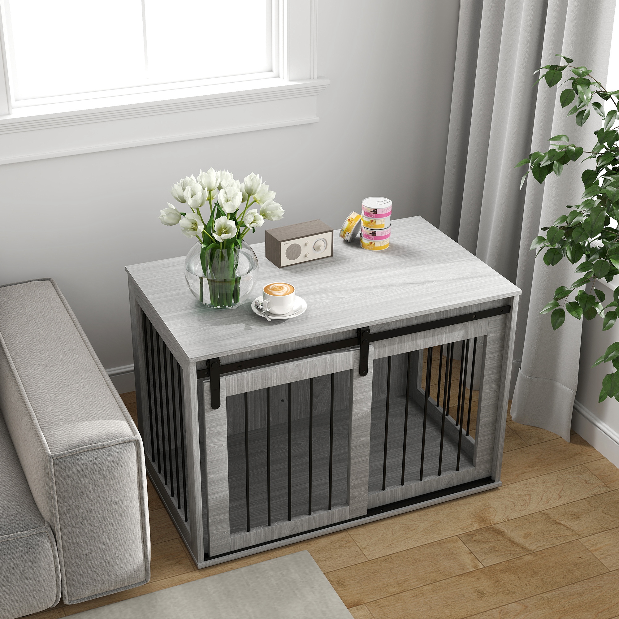 Hundebox mit Schiebetür, Belüftung, Spanplatte und Stahl, 98 x 58 x 61 cm, Grau