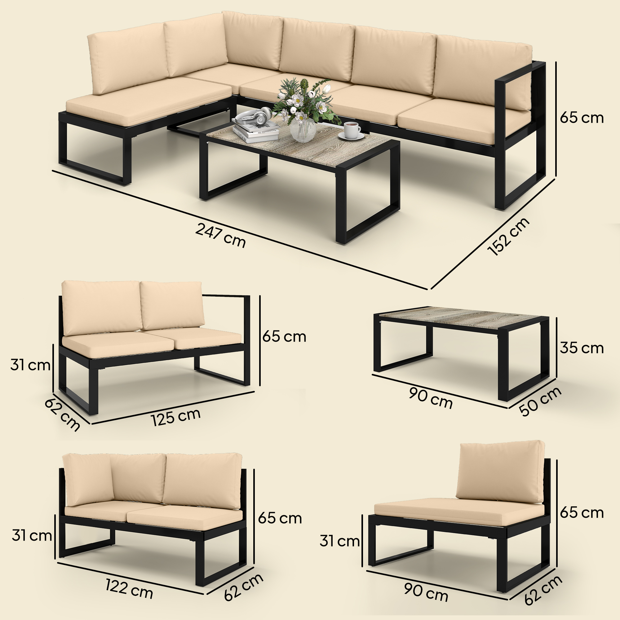 4-teiliges Gartenmöbel-Set, Sofa-Set mit 2 Zweisitzern, armloser Stuhl, Couchtisch, für Balkon, Khaki