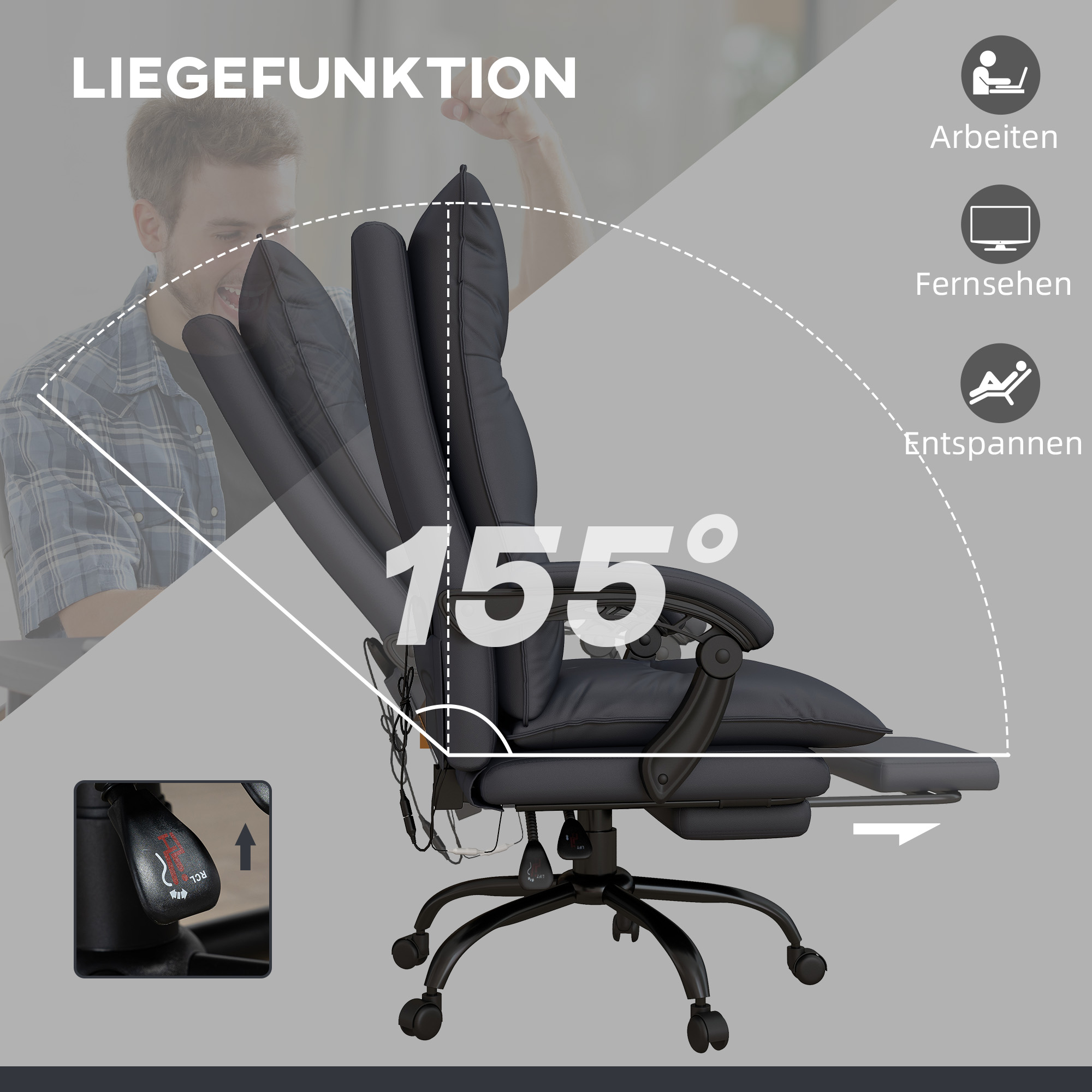 Bürostuhl mit Massagefunktion & Heizfunktion, Fußstütze, bis 120 kg, Dunkelgrau