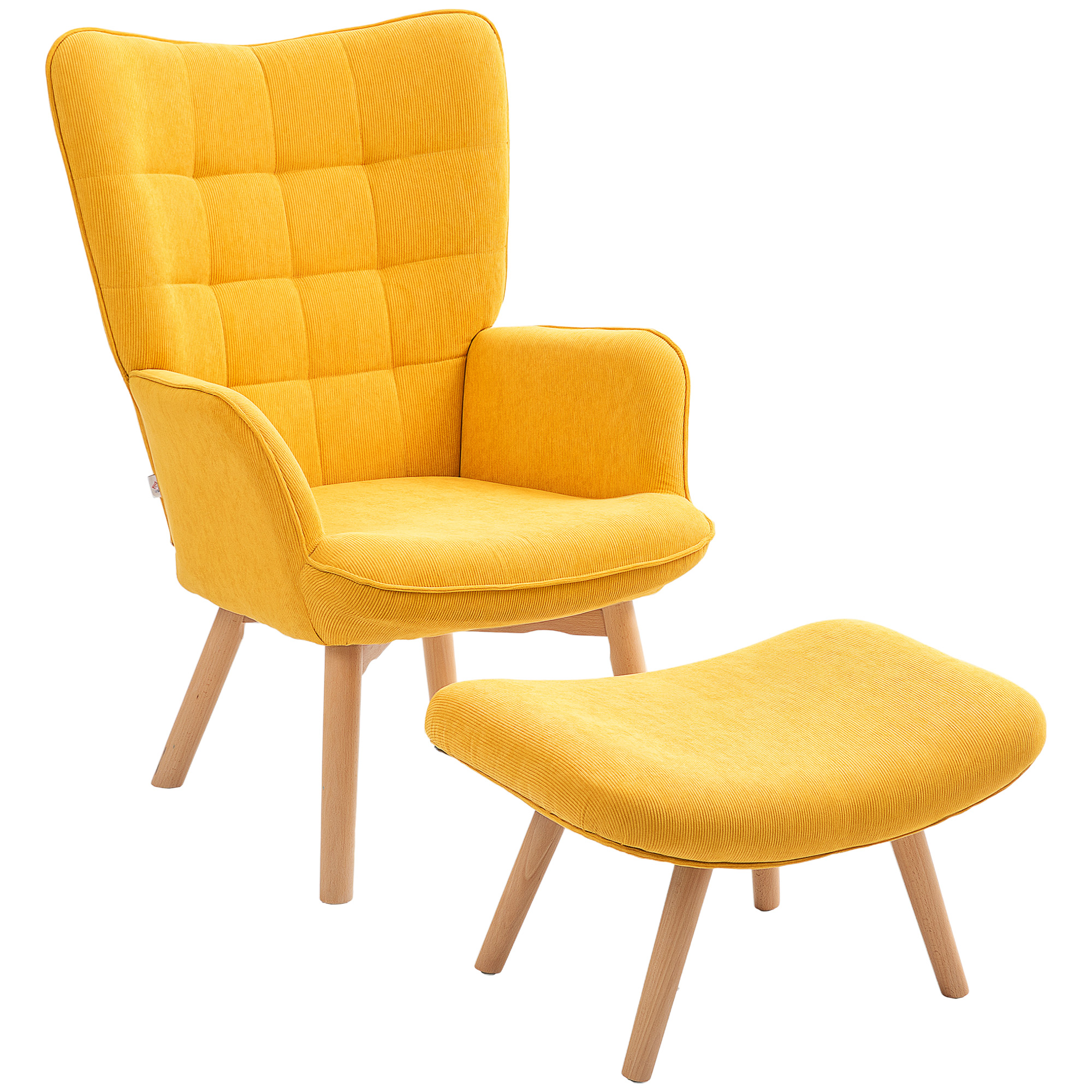 Akzentsessel mit Hocker, Relaxsessel in Cord-Optik, Armlehnstuhl mit Holzbeinen, für Wohnzimmer, Orange