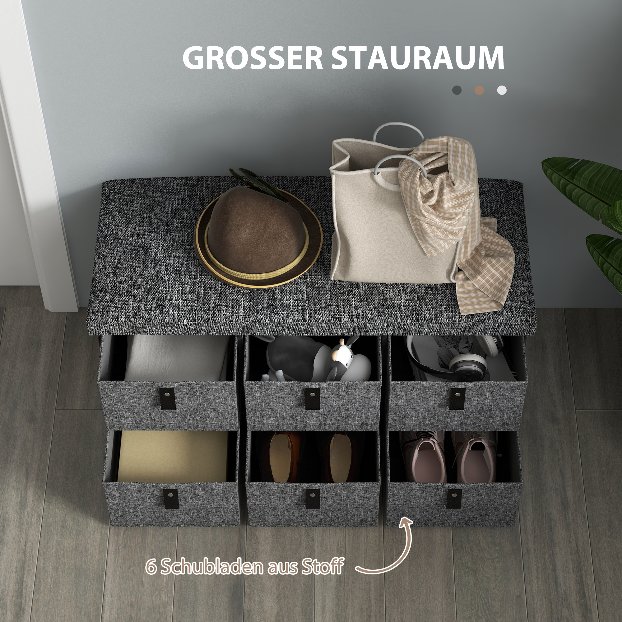 Gepolsterte Schuhbank, 6 Schuhfächer, MDF-Rahmen, Leinenoptik, Grau