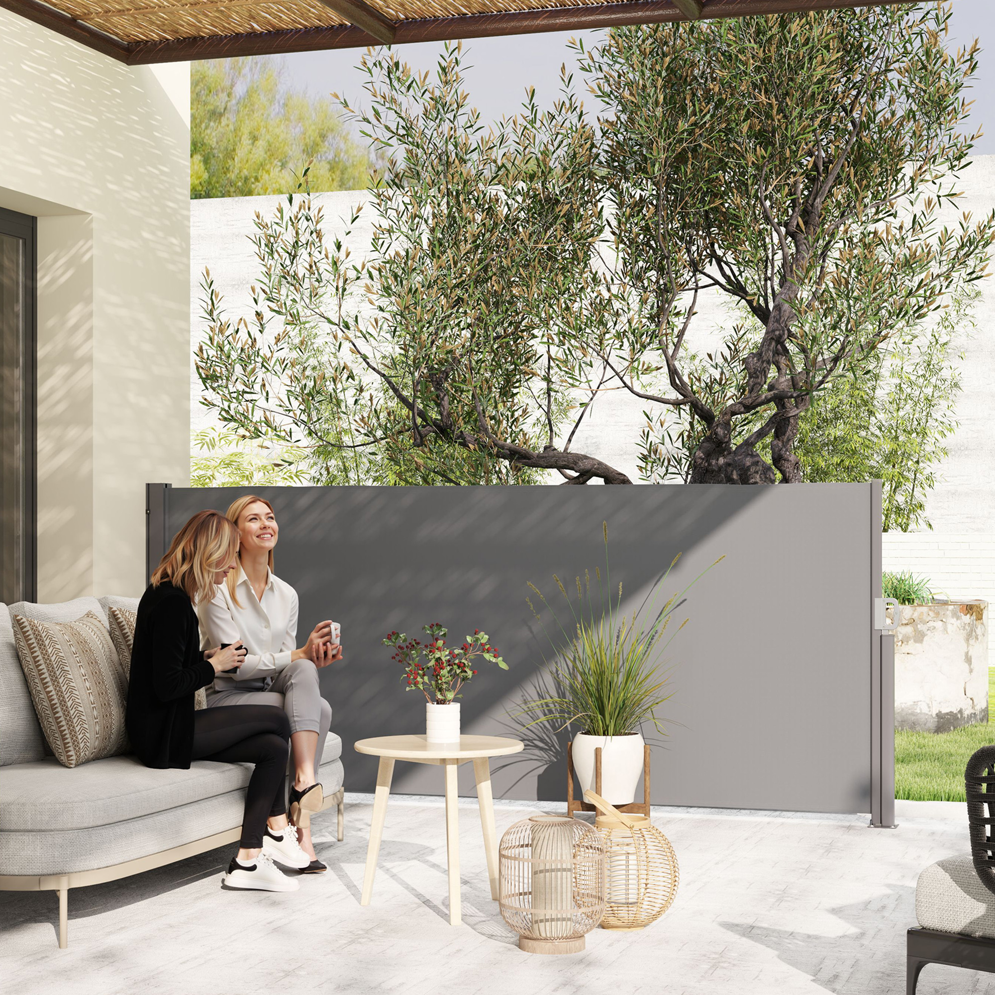 Seitenmarkise ausziehbar blickdicht Sichtschutz mit Wandhalterung  Beschichtung 300x140cm Dunkelgrau