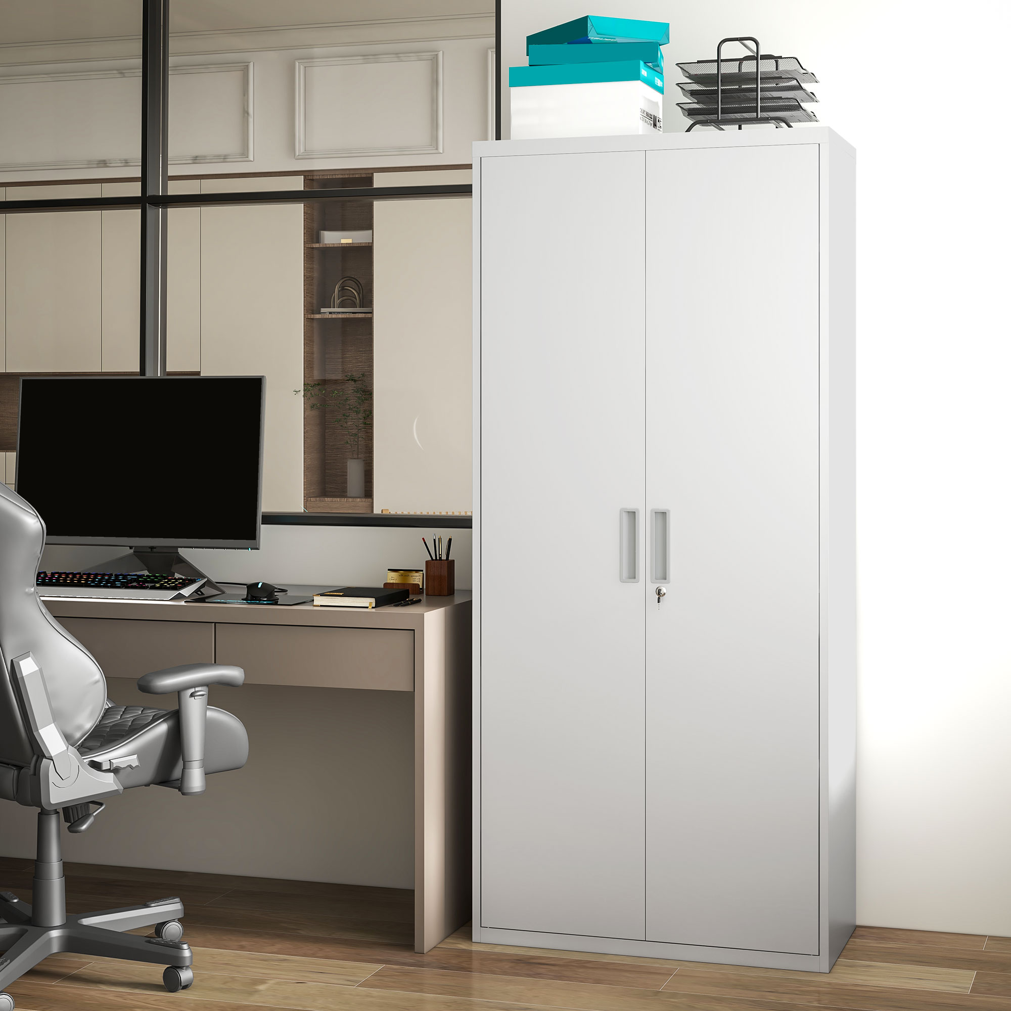Aktenschrank, Büroschrank, 5 Regale, Metall, 80B x 40T x 180H cm, Weiß