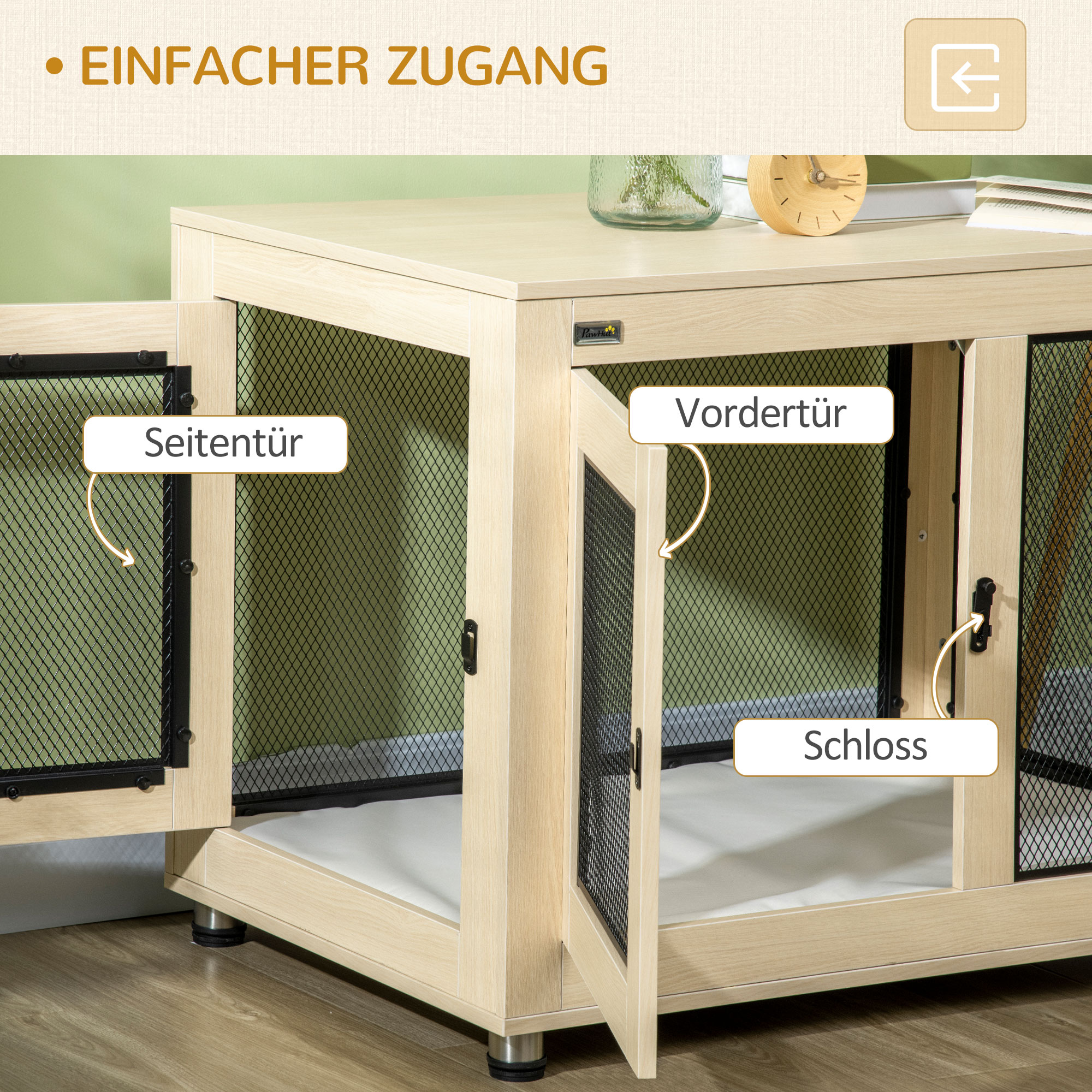 Hundebox Hundekäfig, Modernes Design, verriegelbar, 2 Türen, 94 cm x 60 cm x 71,5 cm, Natur + Schwarz