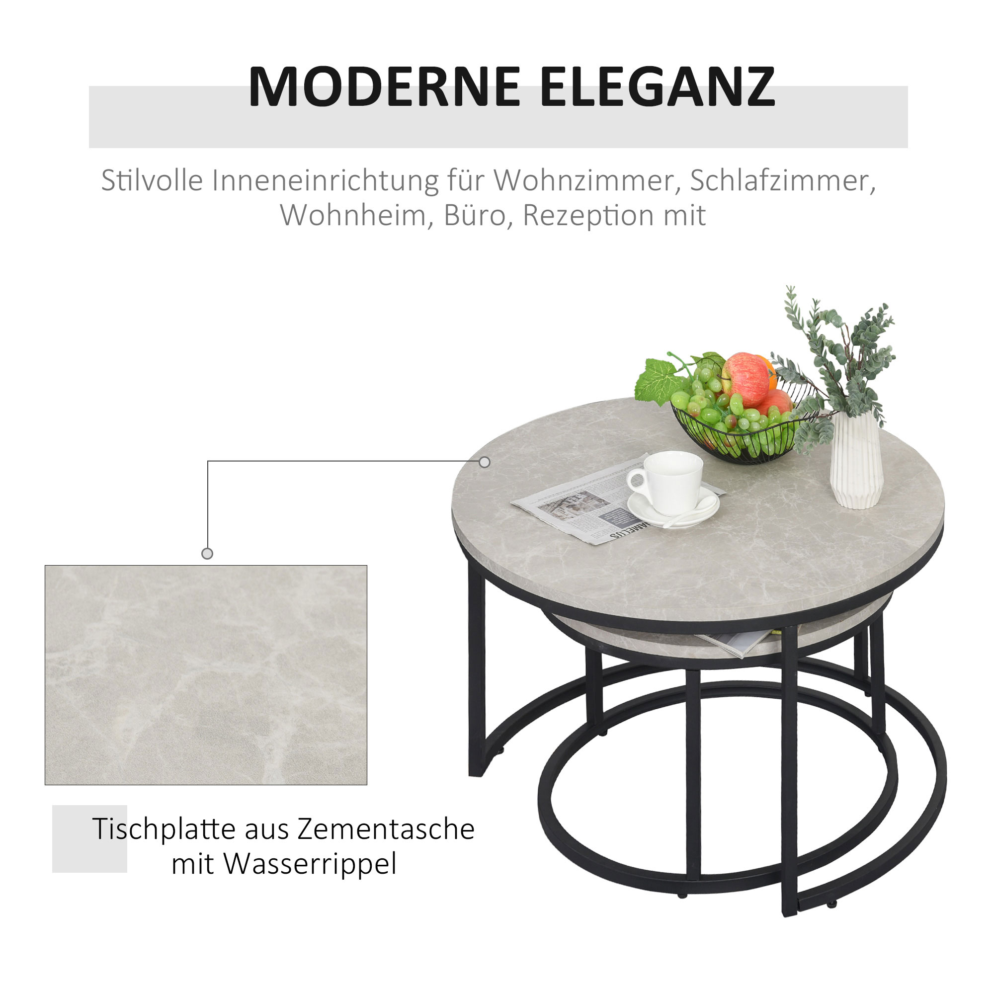 Couchtisch-Set, 2 runde Satztische, Industriedesign, Metallgestell, Betonoptik/Schwarz