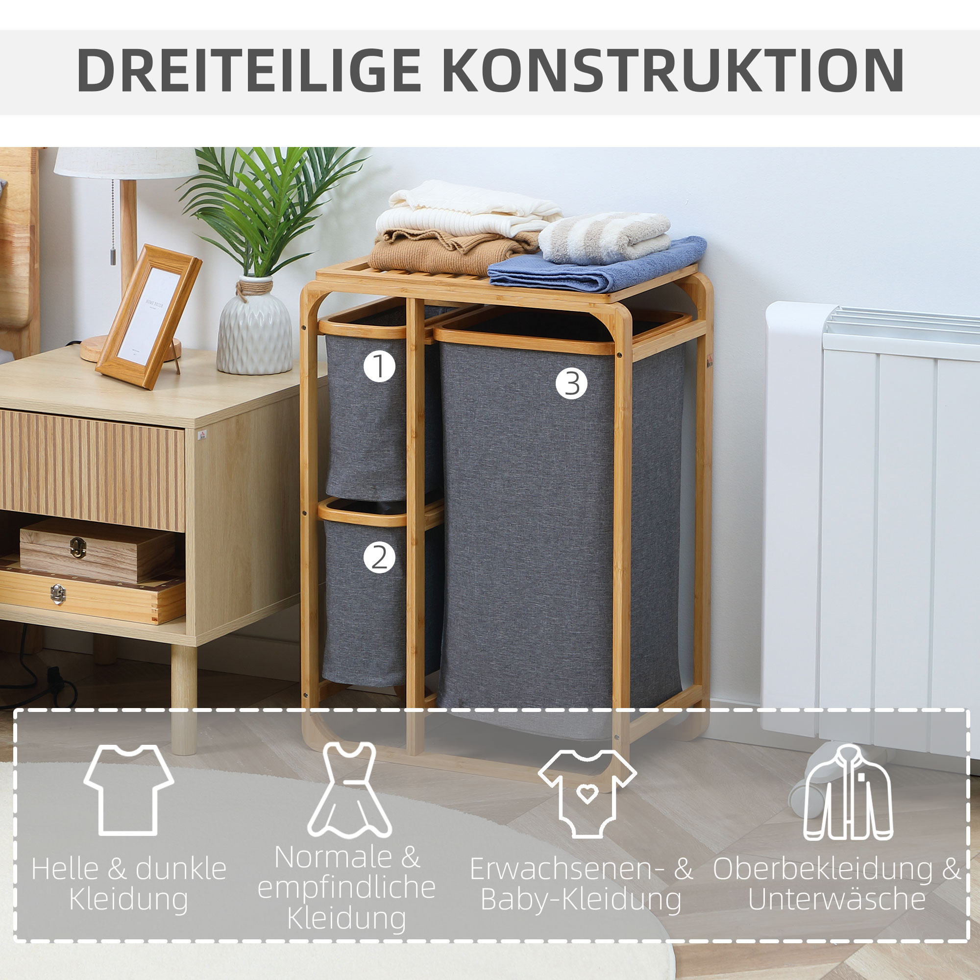 Wäschekorb aus Bambus , 3 abnehmbare Körbe 50 cm x 32 cm x 69,7 cm Natur Grau
