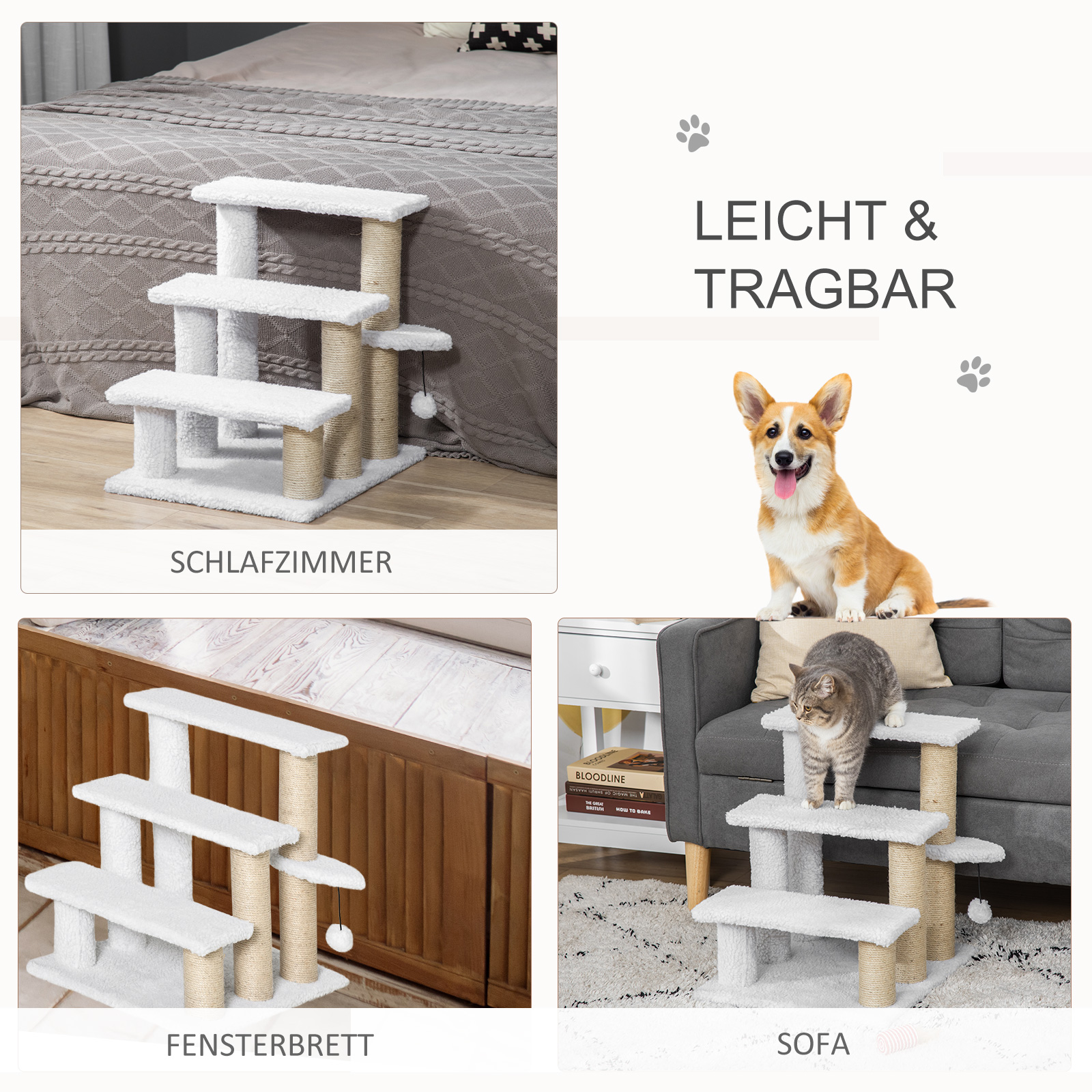 Katzentreppe 3-stufige Haustiertreppe mit Kratzsäulen Ball Hundetreppe Tiertreppe für Katzen bis 5 kg Plüsch Jute Weiß 45 x 40 x 48 cm