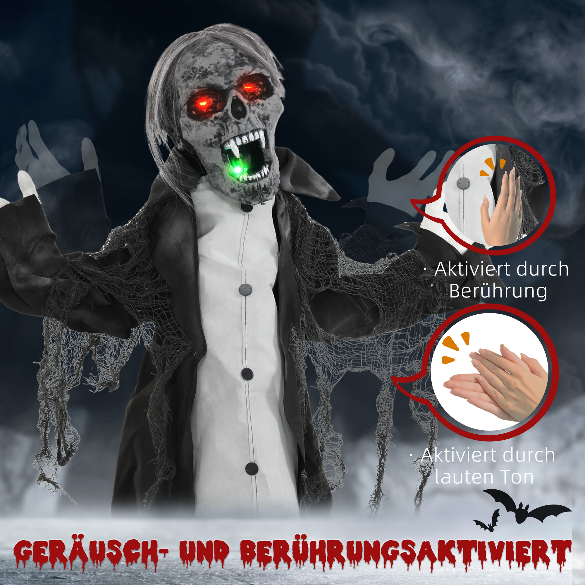 Halloweendeko, Skelett/Zombie, beweglich, Bewegungssensor, LEDs & Sounds, 75 cm