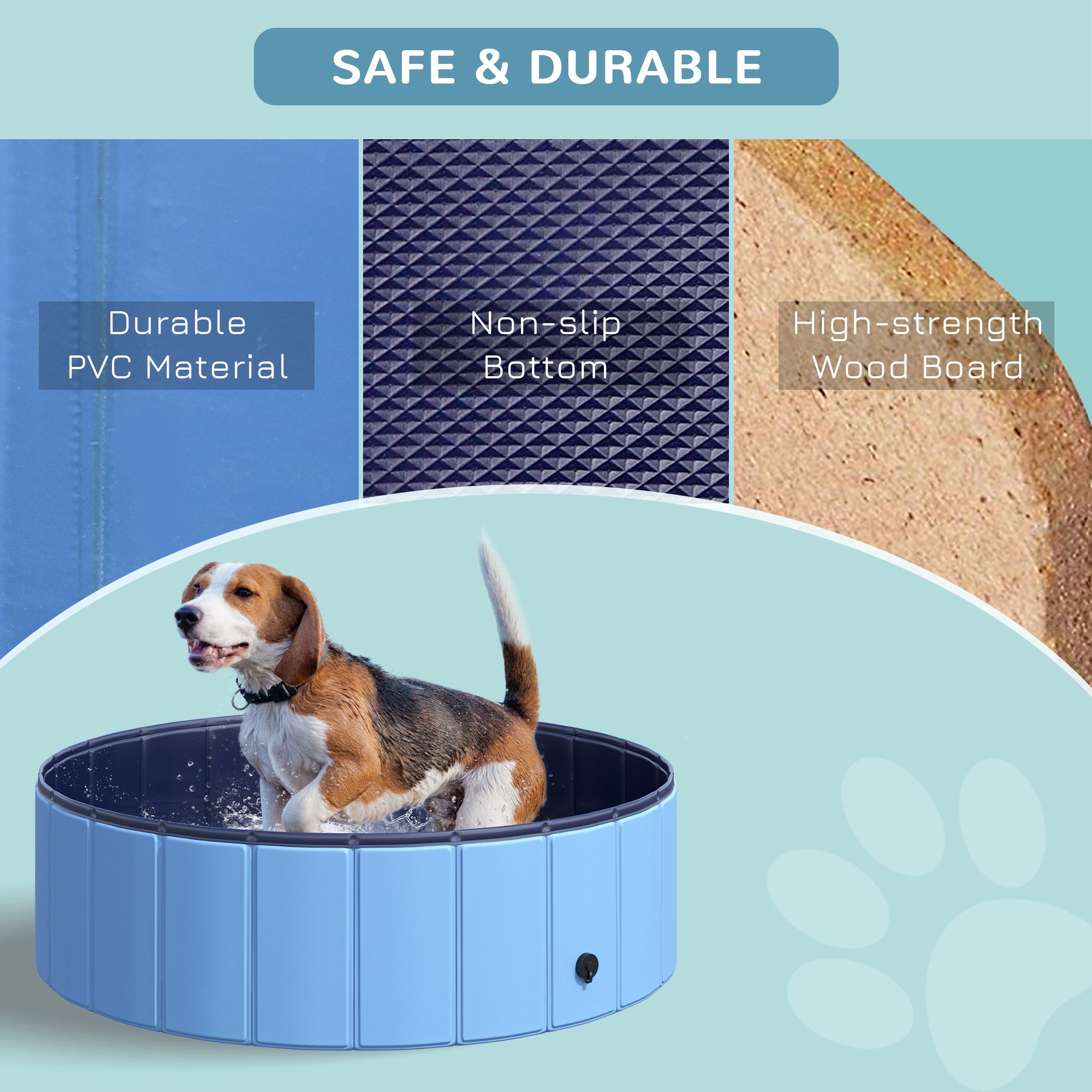 Hundebadewanne faltbar Badewanne Hundepool Plantschbecken Swimmingpool Wasserbecken für Hunde und Katzen Schwimmbecken Kunststoff+Holz Blau Ø100 x H30 cm