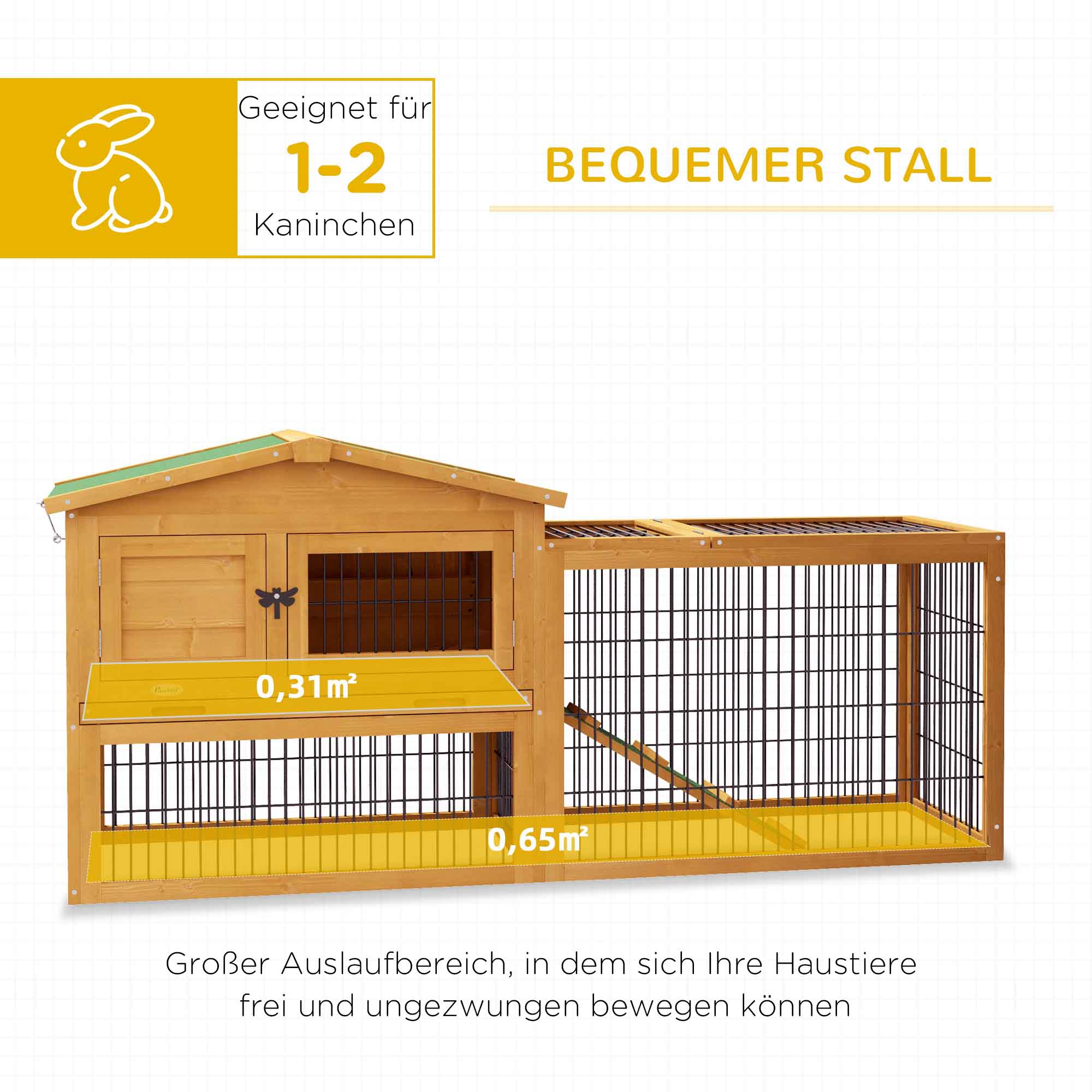 Hasenstall 2 Ebenen Kaninchenstall Tannenholz Winterfest Doppelstockhaus mit Freilaufgehege Rampe 150x52x68 cm Gelb