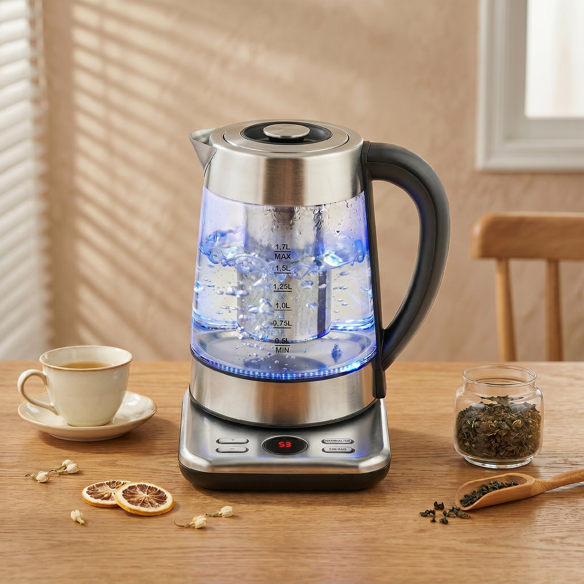 Wasserkocher, 1,7L Schnellkochender 2200W Wasserkocher mit UK Strix Thermostat, Teesieb, Warmhaltefunktion