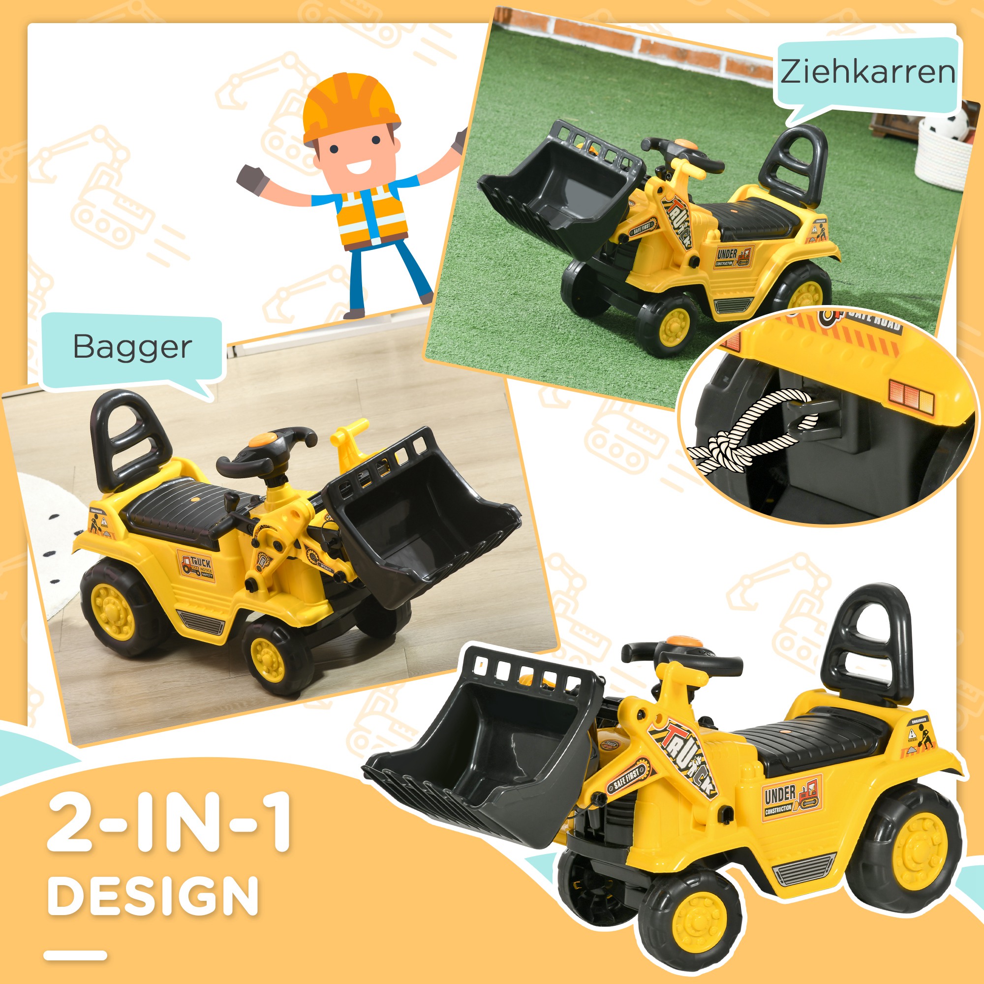 Sitzbagger Aufsitzbagger mit Schaufel Kinderbagger mit Stauraum unter Sitz Rutschauto Spielzeugbagger zum Sitzen bis 30kg, Draufsitzen für Kinder 1,5-4 Jahre Gelb+Schwarz