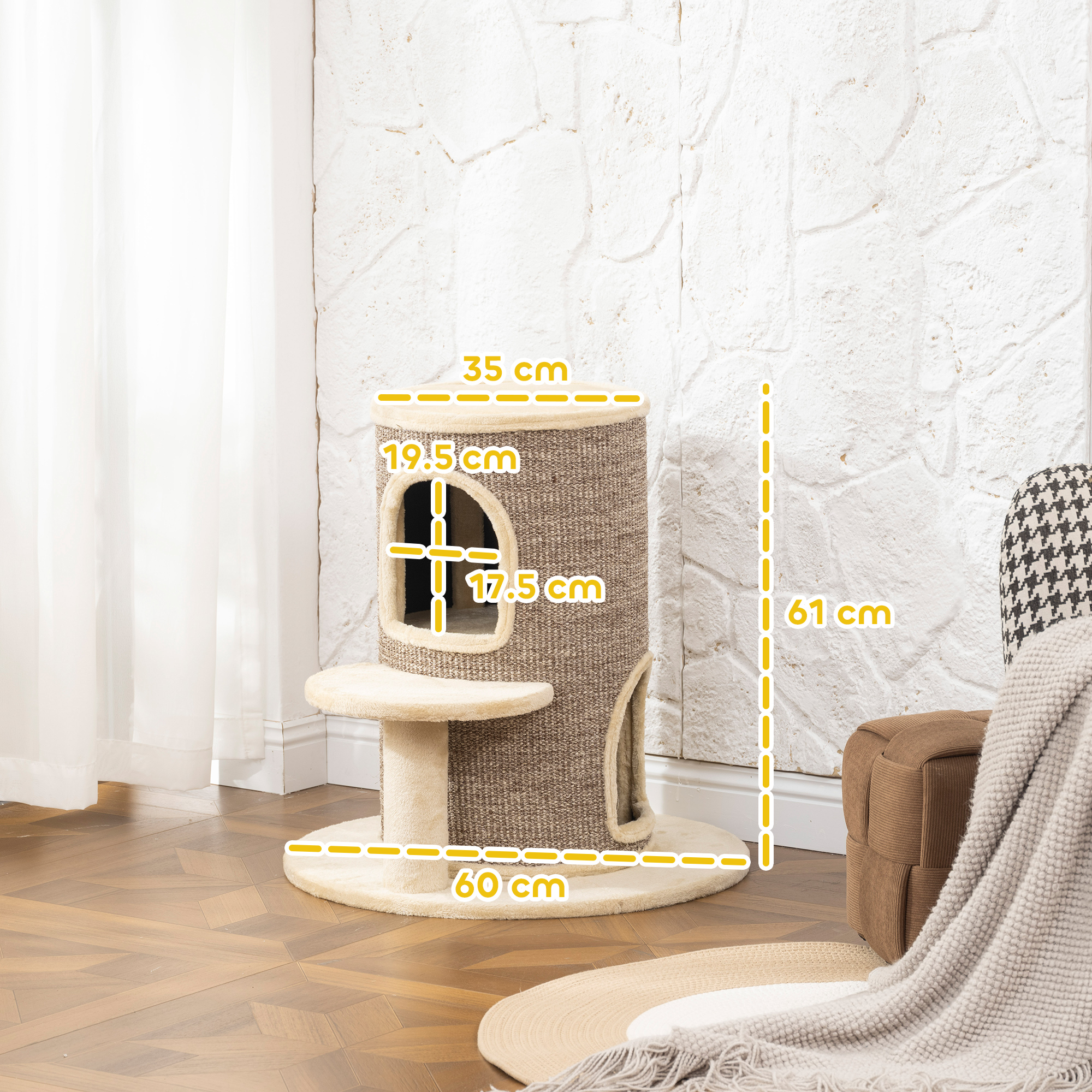 Katzenfass, Kratzbaum mit 2 Ebenen, Sprungplattform, Aussichtspunkt, Kratzmatte, zum Ausruhen und Spielen, Beige