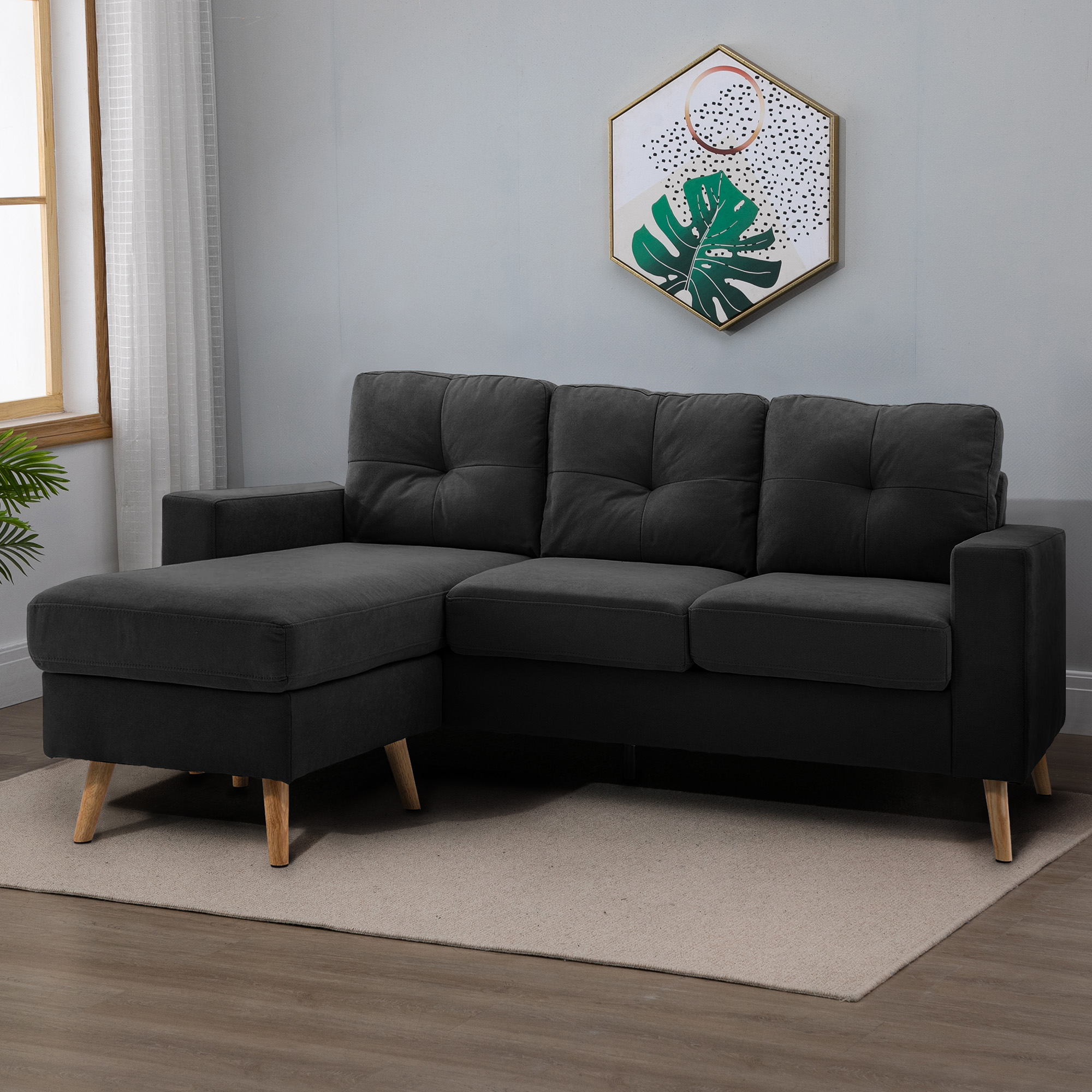 3-Sitzer-Sofa Sofa Couch Ecksofa, mit Chaiselongue, Knopfheftung, 193 x136 x 85 cm, Schwarz