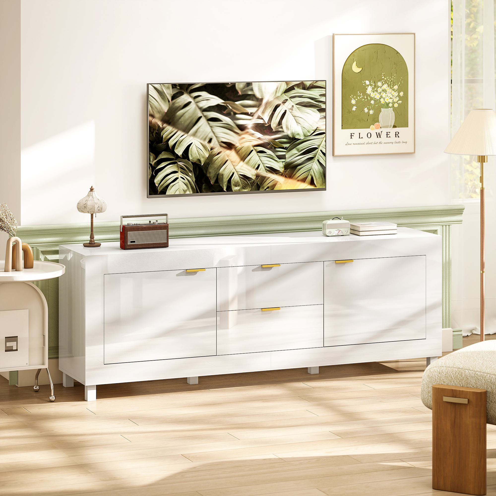 TV-Schrank für Fernseher bis zu 75 Zoll, modernes Entertainment-Center mit 2 Schränken und 2 Schubladen, Hochglanz Weiß