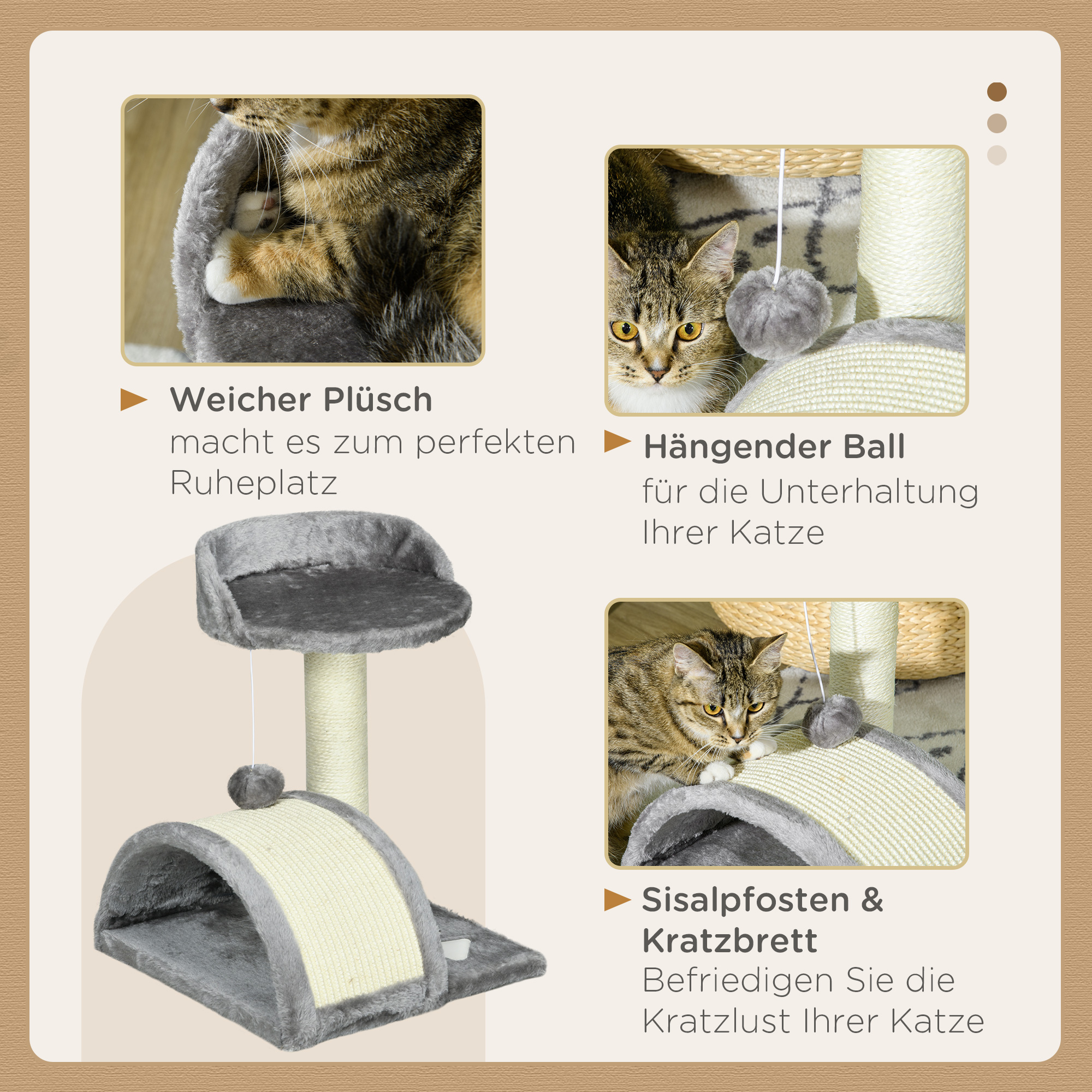 Kratzbaum 46 cm Kleiner Katzenturm mit Höhle, Spielball, Sisal-Seil, erhöhter Plattform, Katzenkratzbaum, Kletterbaum, für Katzen bis zu 4 kg, Grau