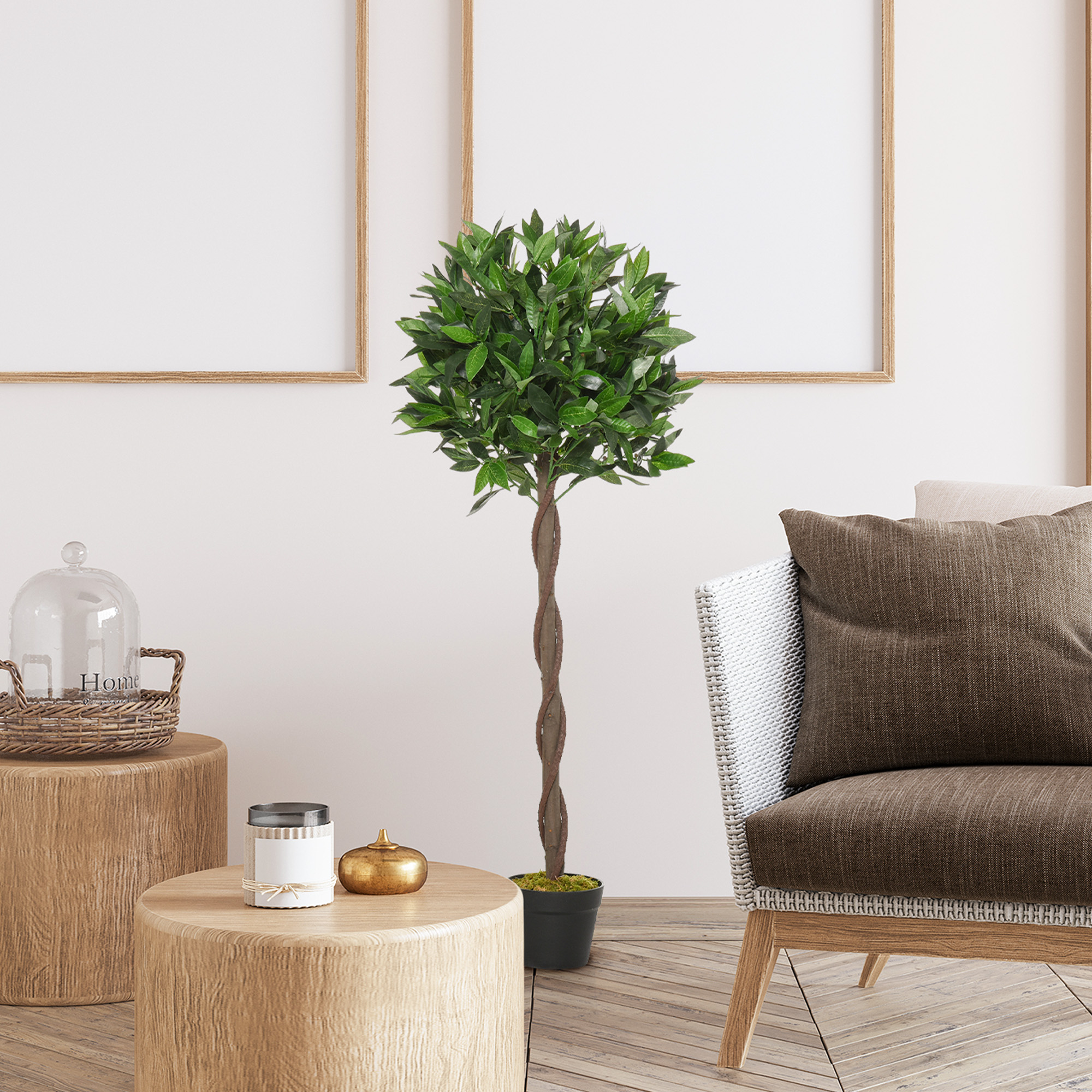 2er-Set künstlicher Lorbeerbaum, 120 cm, Kunstpflanzen im Zementtopf, Kunststoff-Pflanzen für drinnen und draußen, Grün