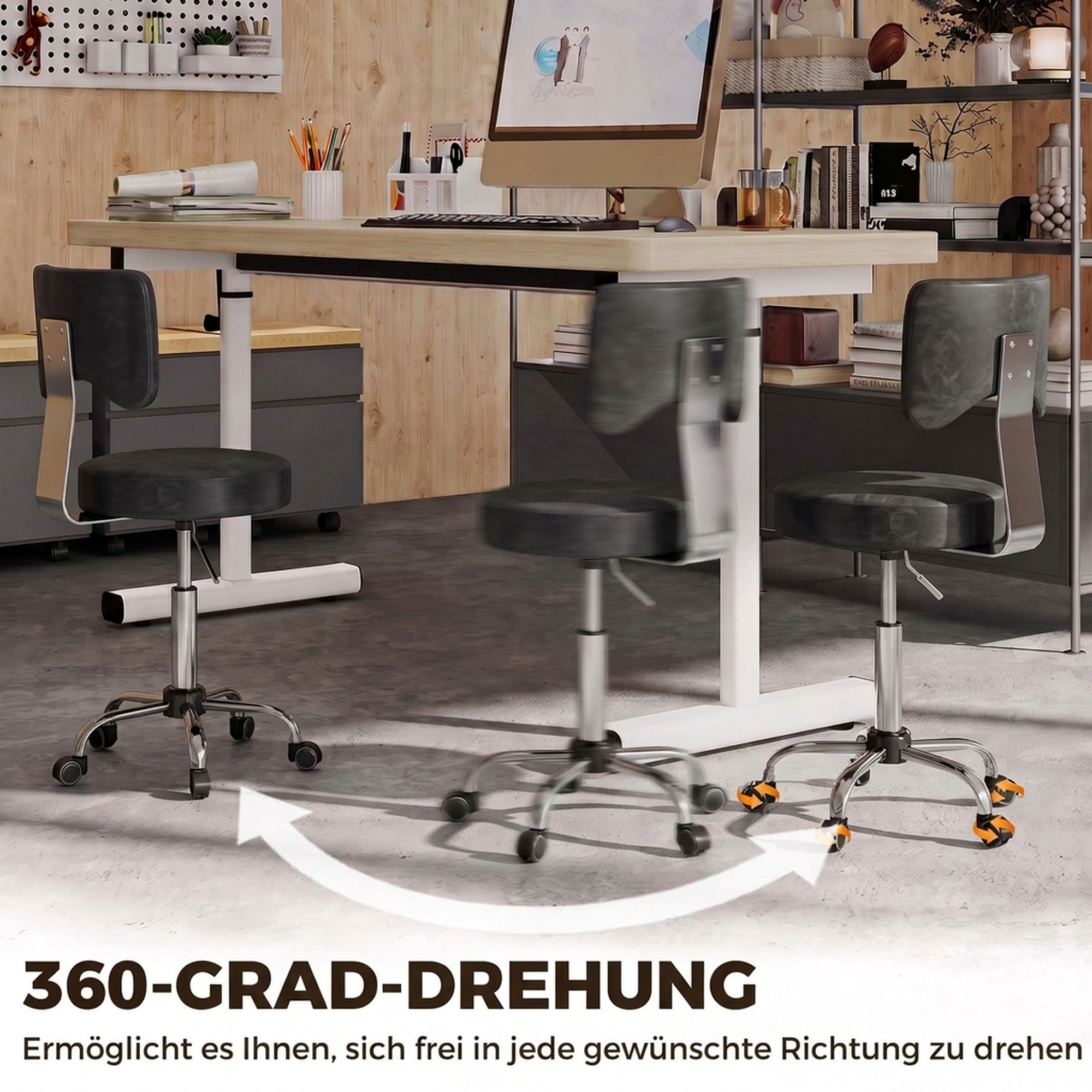Rollhocker, höhenverstellbarer Salonstuhl aus PU-Leder mit Polstersitz, Rückenlehne und Rollen, Schwarz